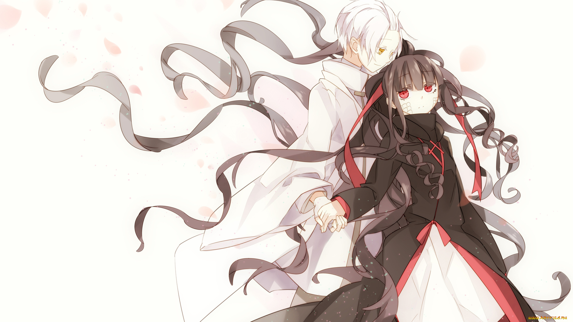 аниме, mekakucity, actors, белый, фон, лепестки, волосы, арт, девушка, парень