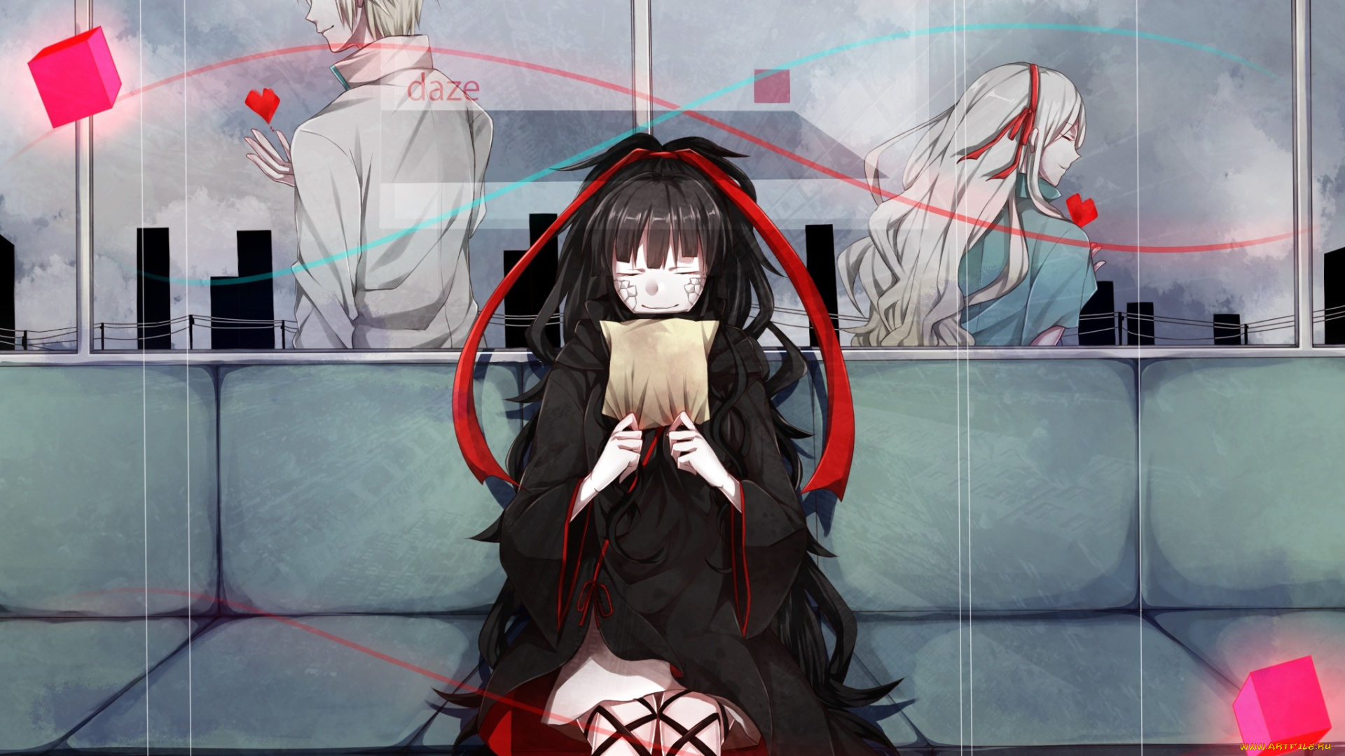 аниме, mekakucity, actors, ленты, парень, девушки, сердце, арт