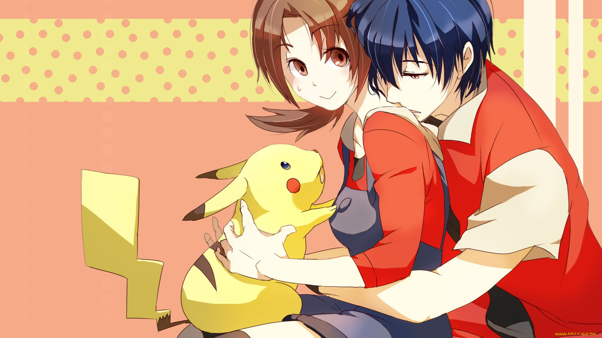 аниме, pokemon, пикачу, девушка, парень, мисти, эш, арт, объяия, пара