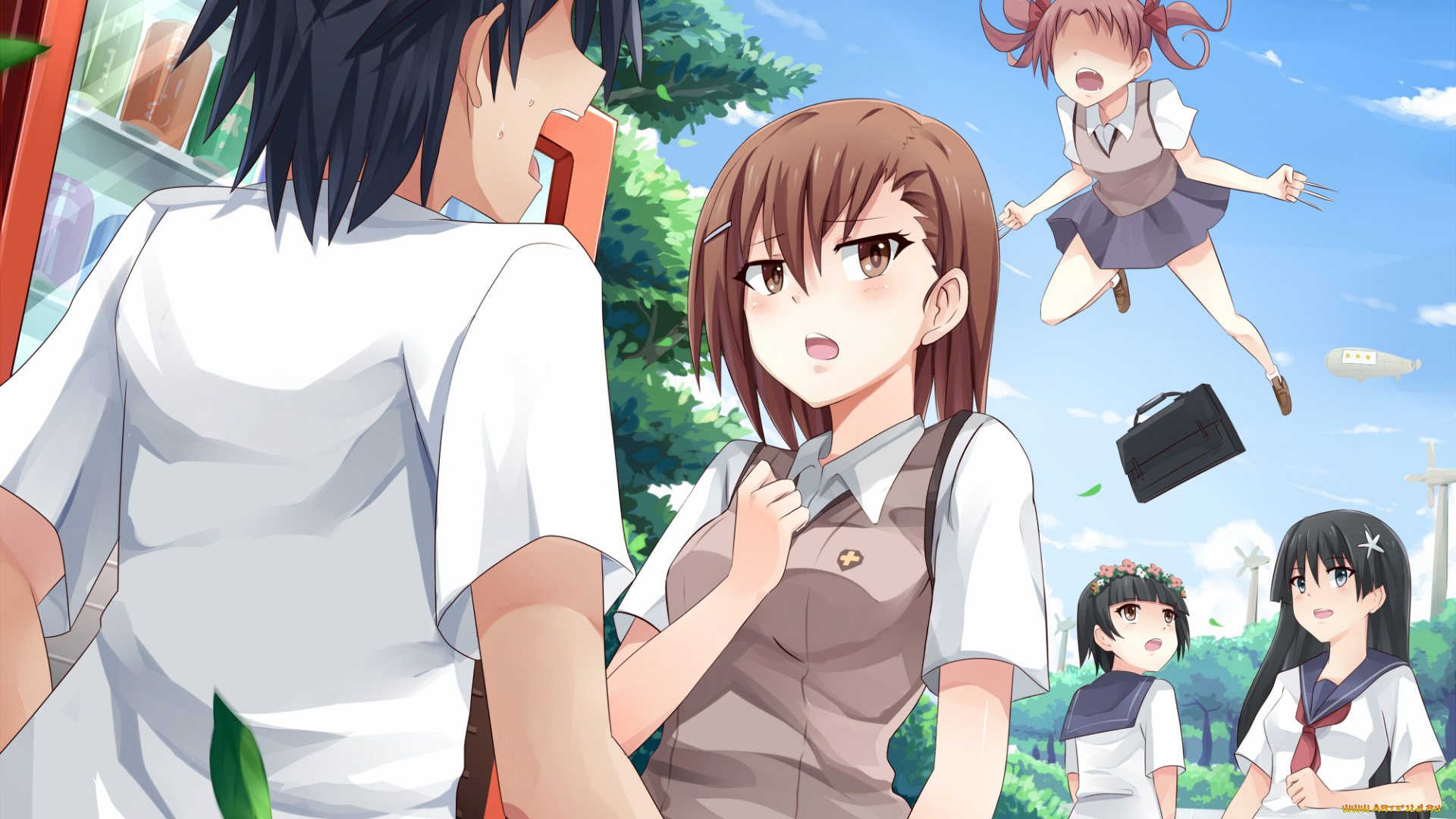 аниме, to, aru, kagaku, no, railgun, полёт, небо, девушки, брюнет, парень, арт