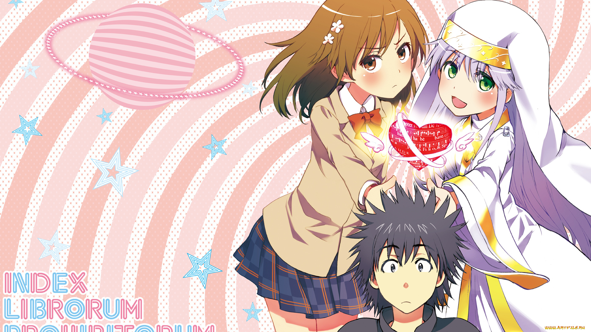 аниме, toaru, majutsu, no, index, брюнет, парень, звёзды, планета, девушки, фон, узор, сердце