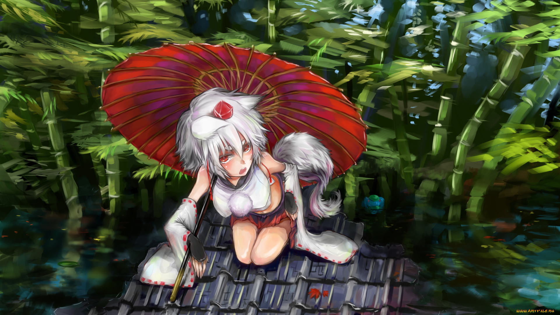 аниме, touhou, хвост, ушки, черепица, крыша, зелень, зонт, тоухоу, арт, девушка, растения