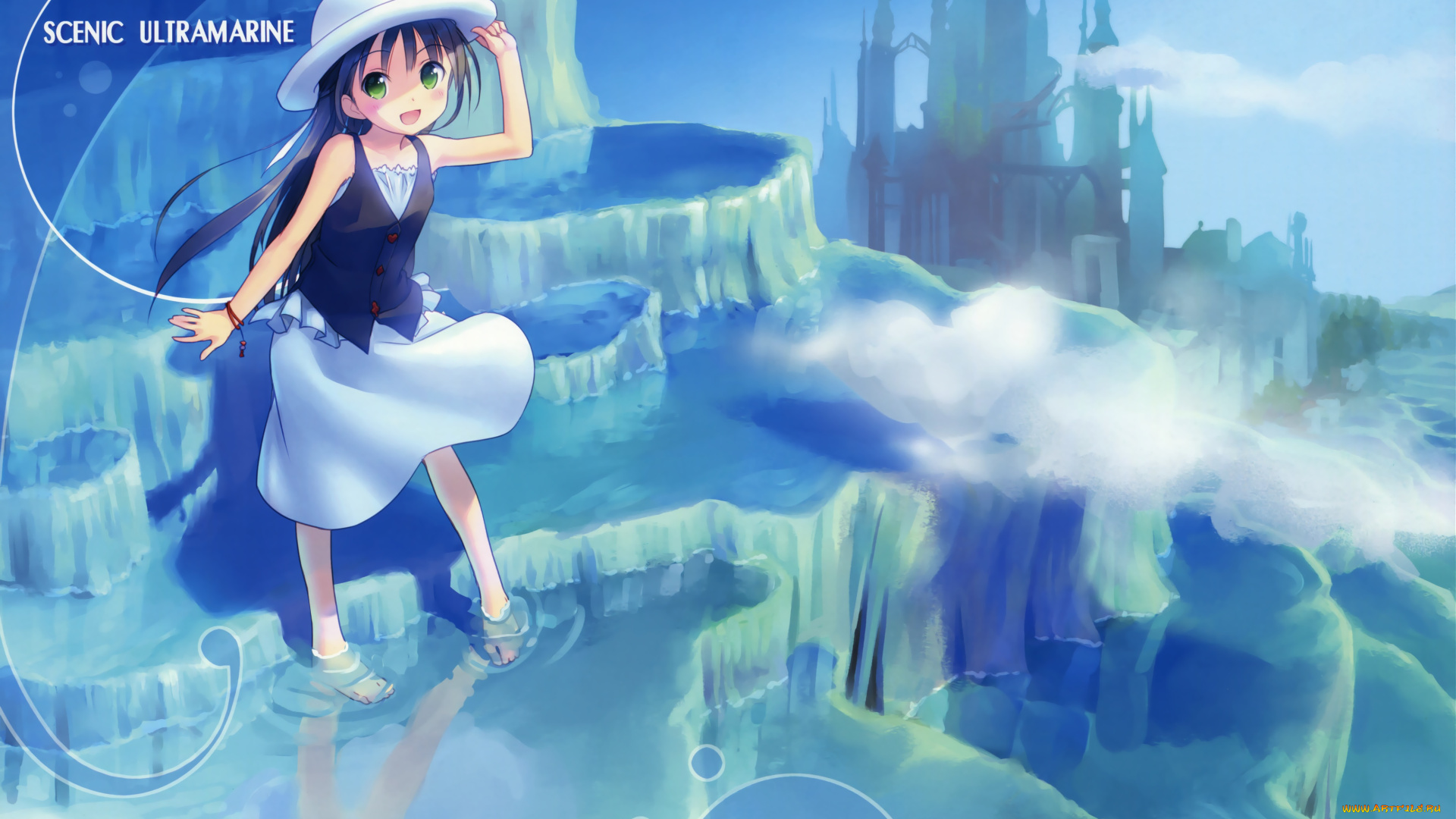 аниме, *unknown, , другое, девочка, шляпка, арт, вода, замок