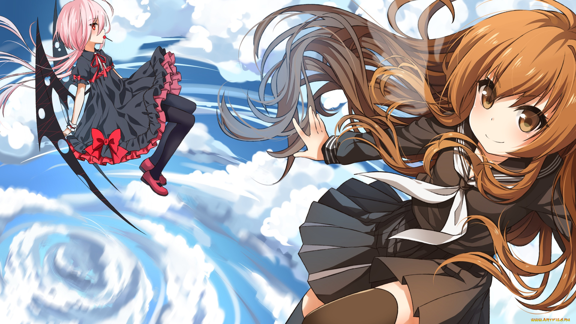 аниме, *unknown, , другое, девушки, облака, toradora, небо, арт, полёт