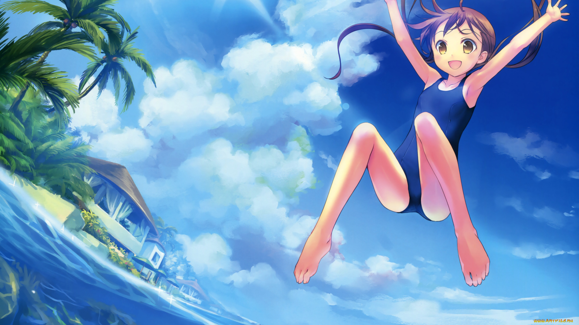 аниме, *unknown, , другое, море, девушка, арт, пальмы, пляж, домики, облака, солнце, небо, прыжок
