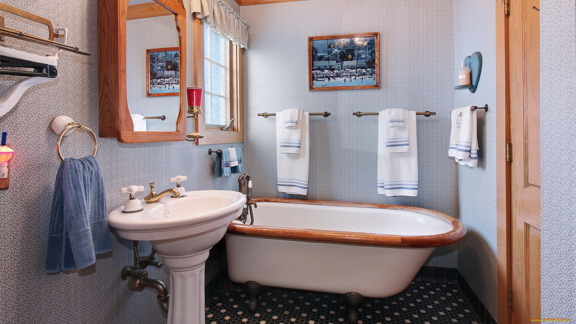 интерьер, ванная, и, туалетная, комнаты, полотенце, ванная, зеркало, дизайн, туалет