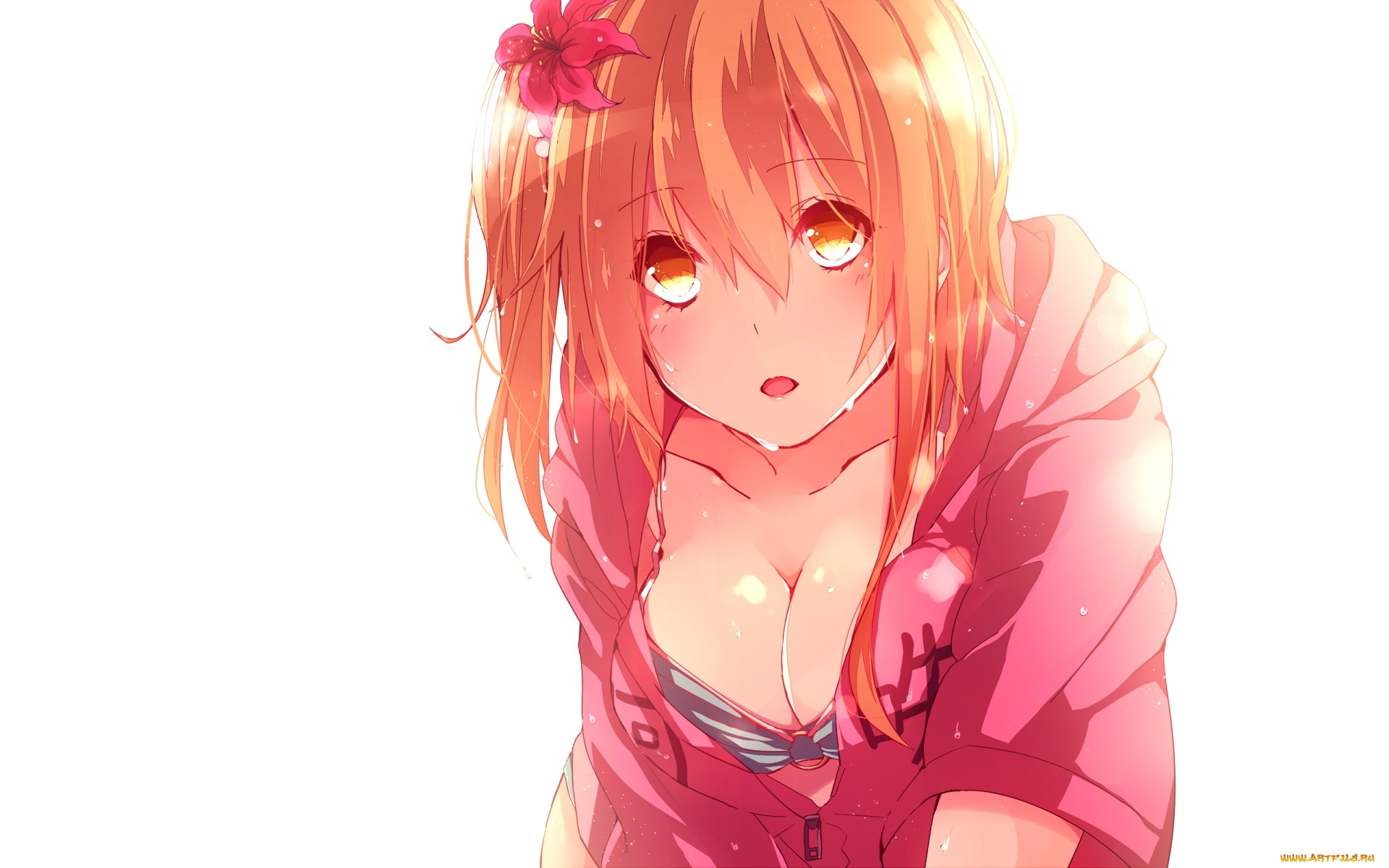 аниме, mekakucity, actors, рыжая, грудь, белый, фон, взгляд, девушка