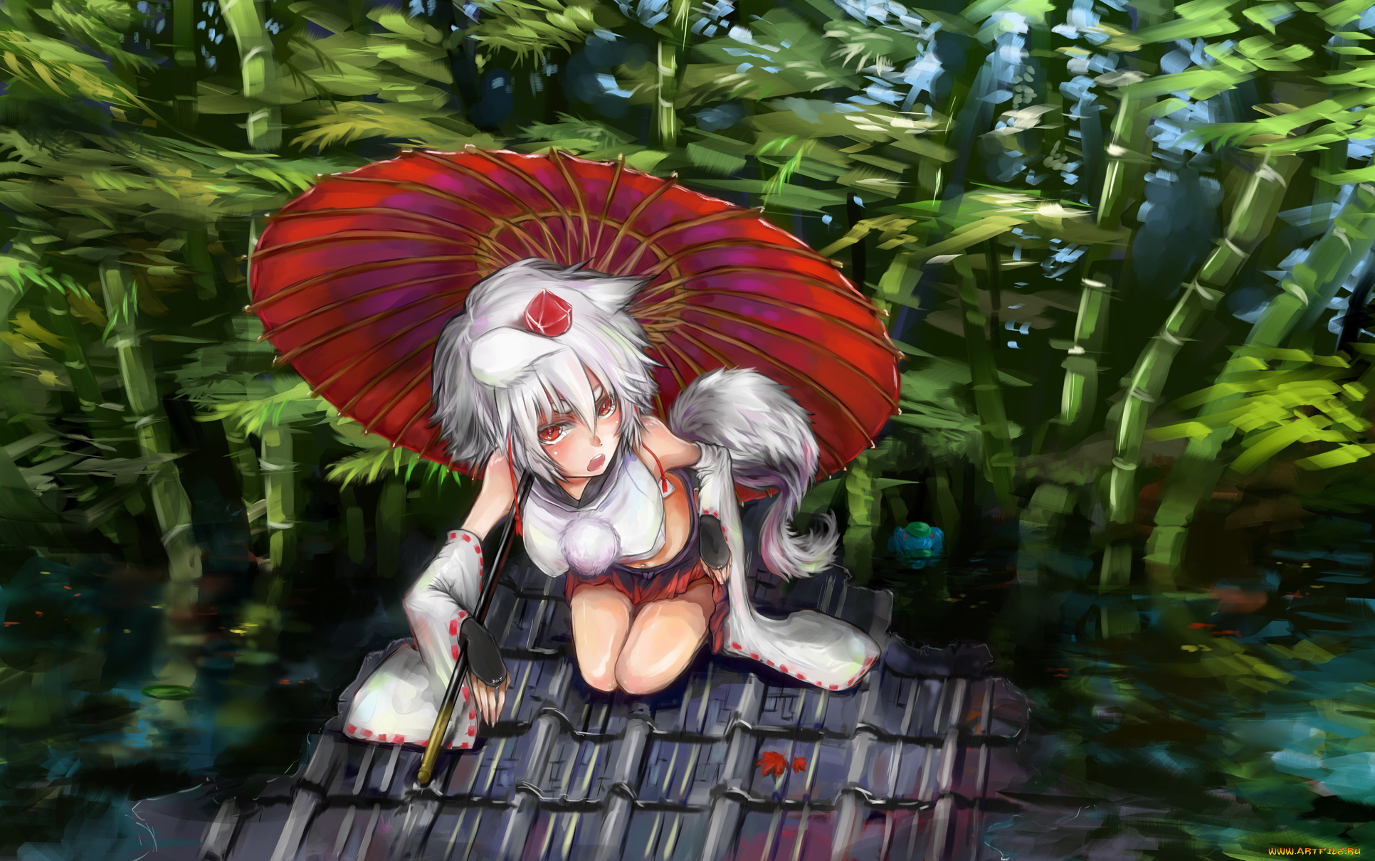 аниме, touhou, хвост, ушки, черепица, крыша, зелень, зонт, тоухоу, арт, девушка, растения