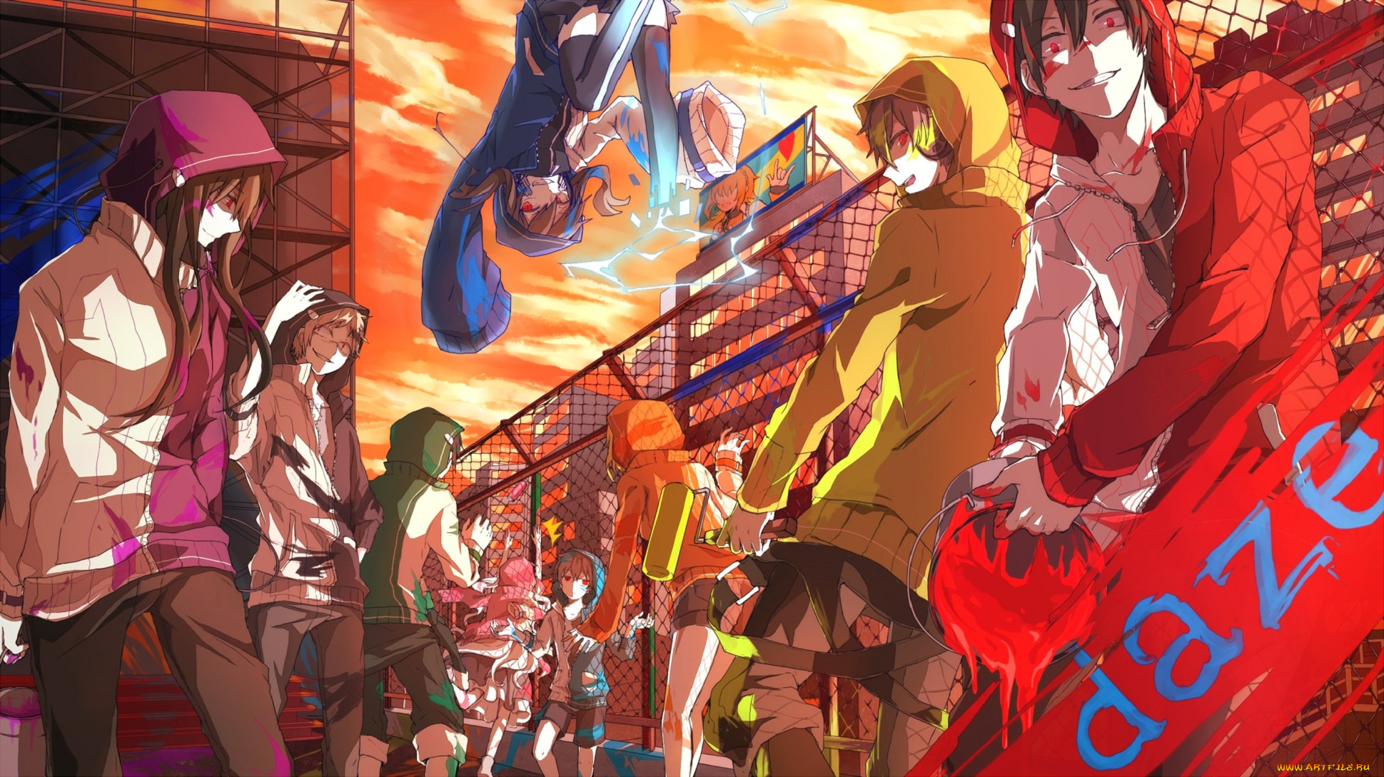 аниме, mekakucity, actors, арт, девушки, парни, ярко, краски