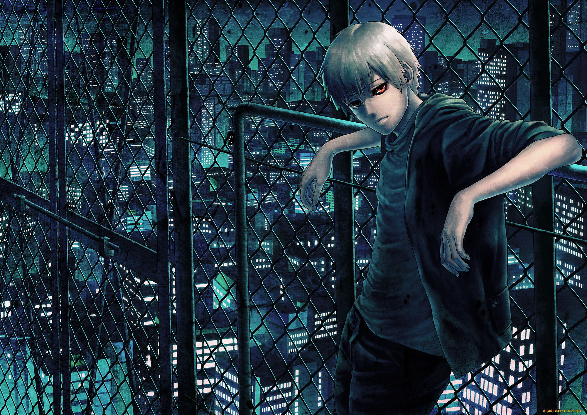 аниме, tokyo, ghoul, ночь, сетка, город, парень, kaneki, ken, tokyo, ghoul, токийский, гуль, etora, арт