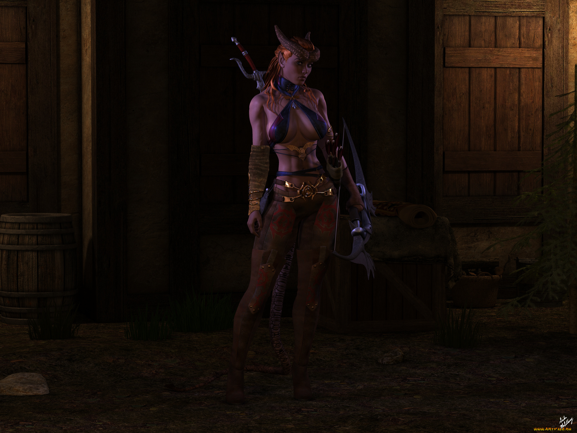 3д, графика, существа, , creatures, лук, фон, меч, взгляд, рога, хвост, damaris