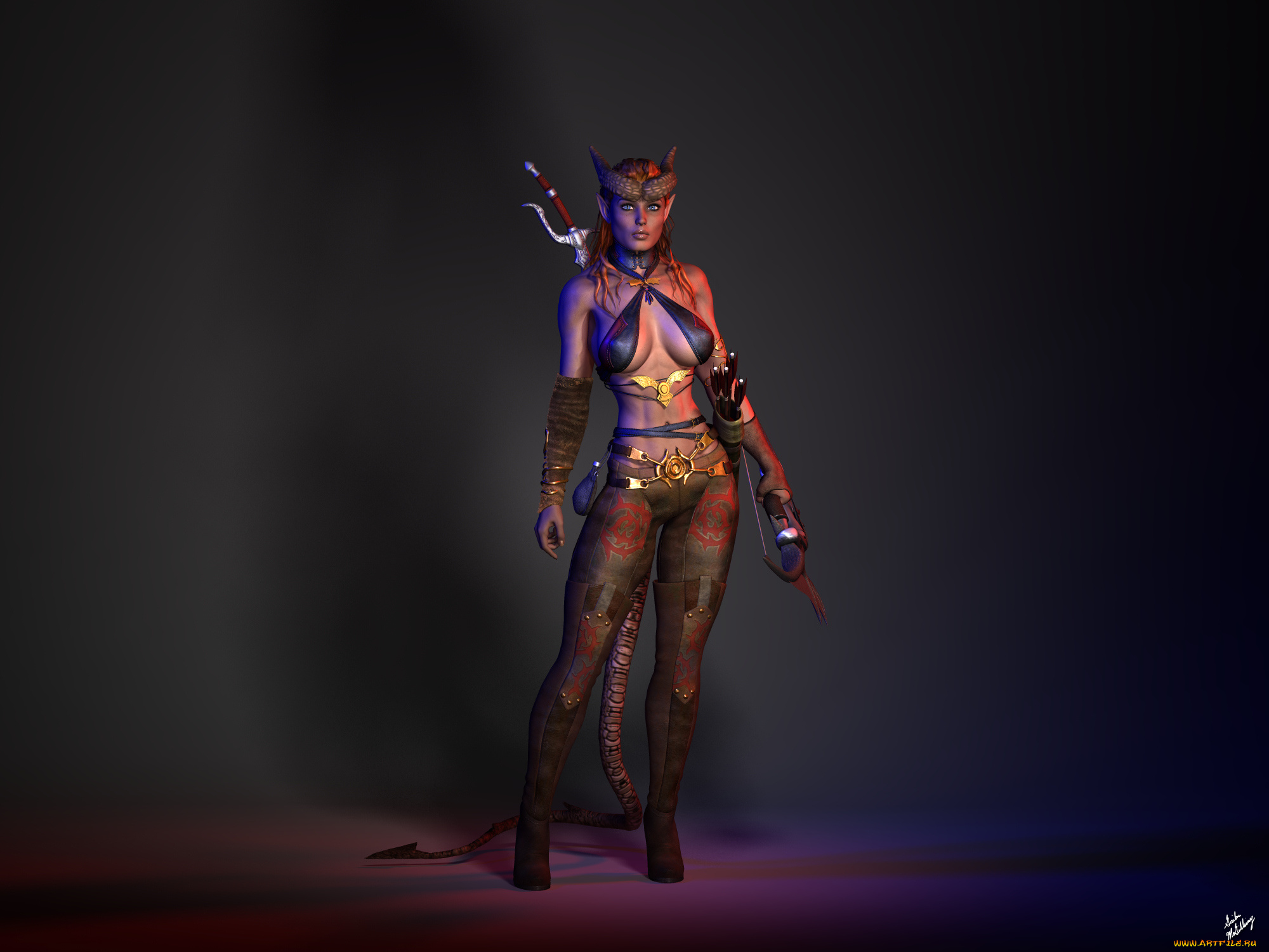 3д, графика, существа, , creatures, лук, меч, взгляд, фон, рога, хвост, damaris