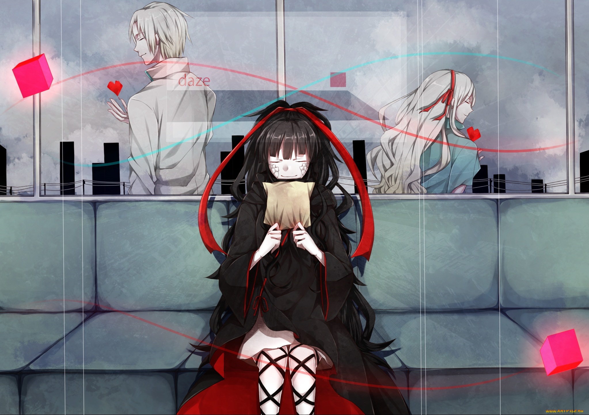 аниме, mekakucity, actors, ленты, парень, девушки, сердце, арт