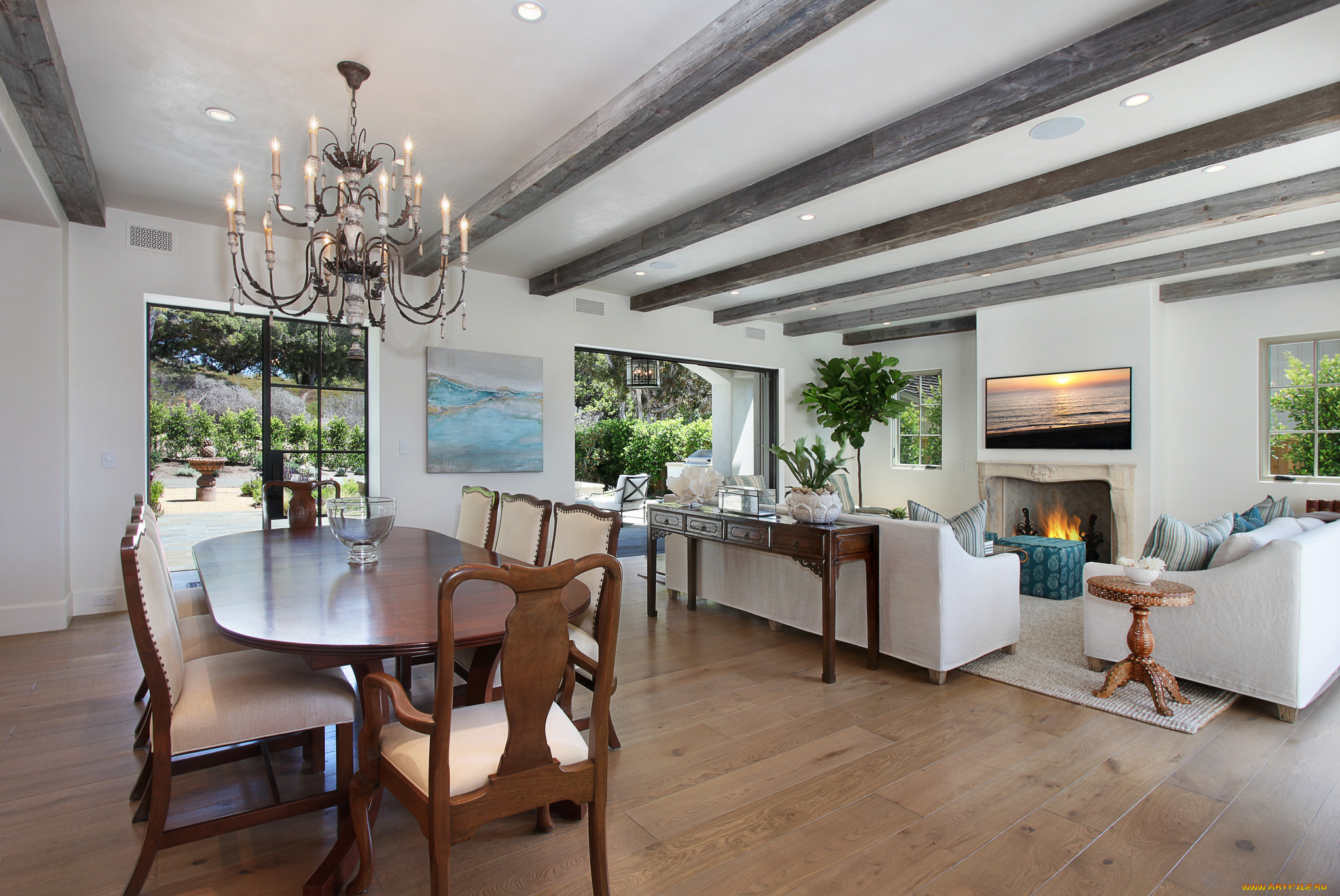 интерьер, столовая, камин, люстра, дизайн, стиль, мебель