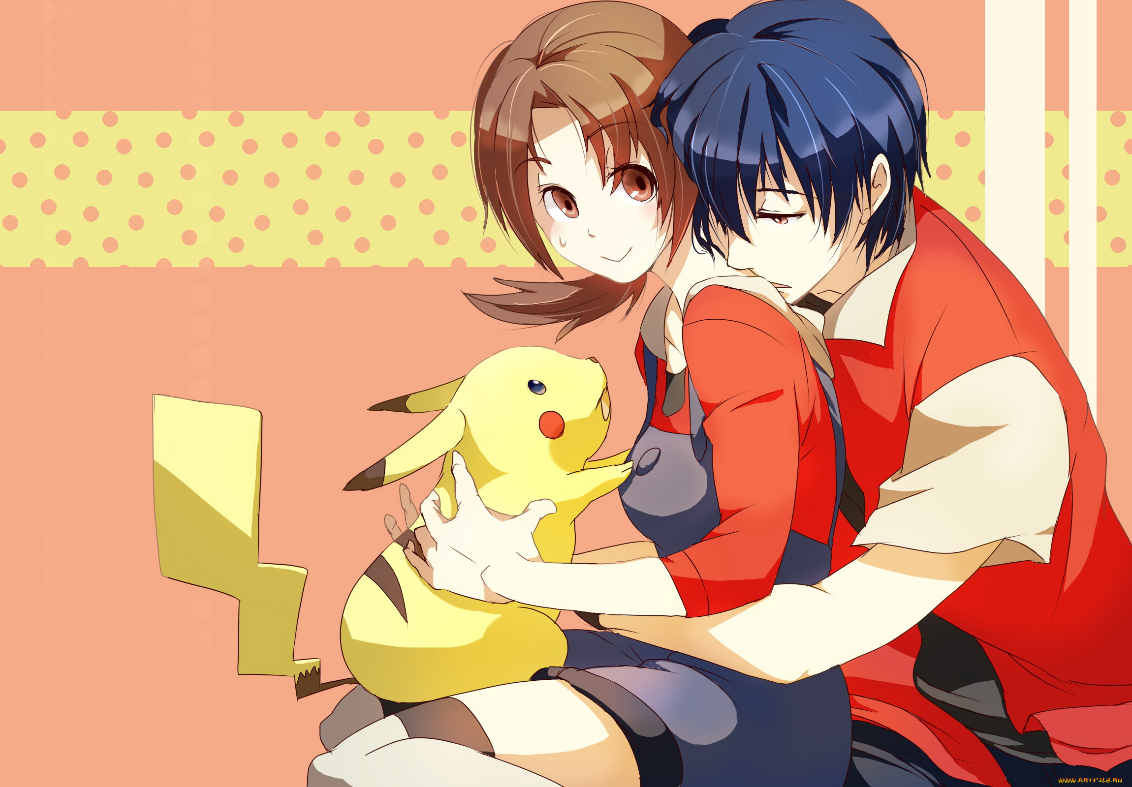 аниме, pokemon, пикачу, девушка, парень, мисти, эш, арт, объяия, пара