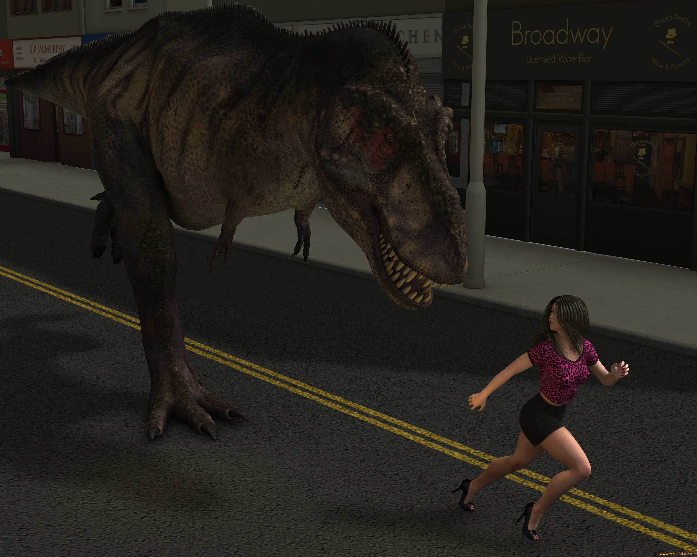 3д, графика, фантазия, , fantasy, дракон, девушка, улица, город