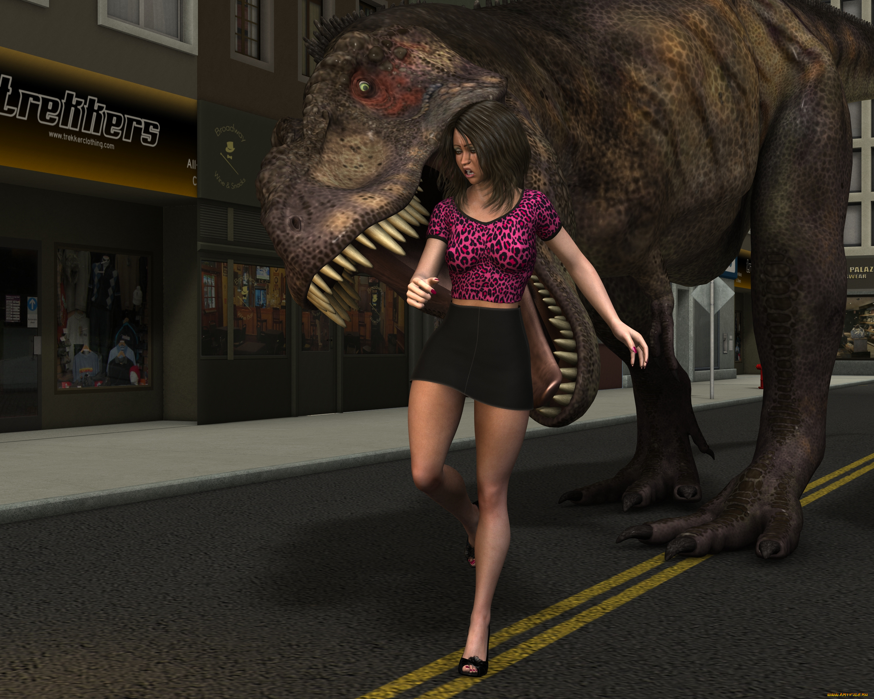 3д, графика, фантазия, , fantasy, дракон, девушка, город, улица