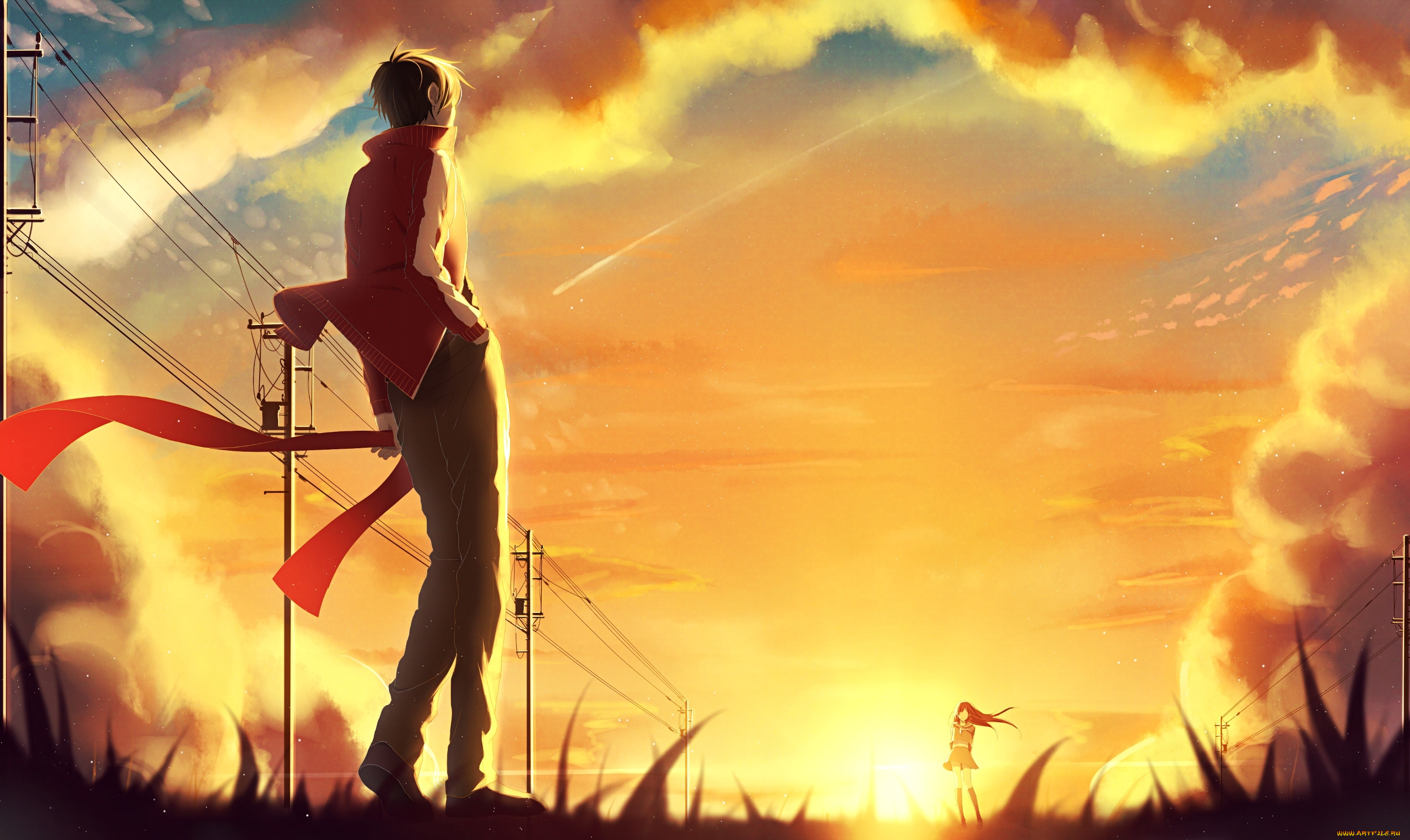 аниме, mekakucity, actors, столбы, провода, солнце, шарф, облака, небо, закат, парень, девушка, tateyama, ayano, kisaragi, shintaro, kagerou, project, prupon, арт