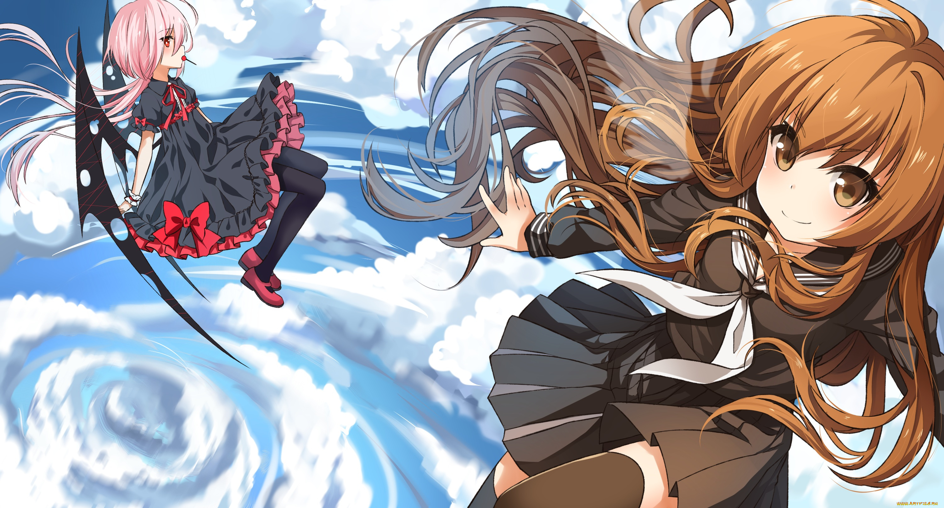 аниме, *unknown, , другое, девушки, облака, toradora, небо, арт, полёт