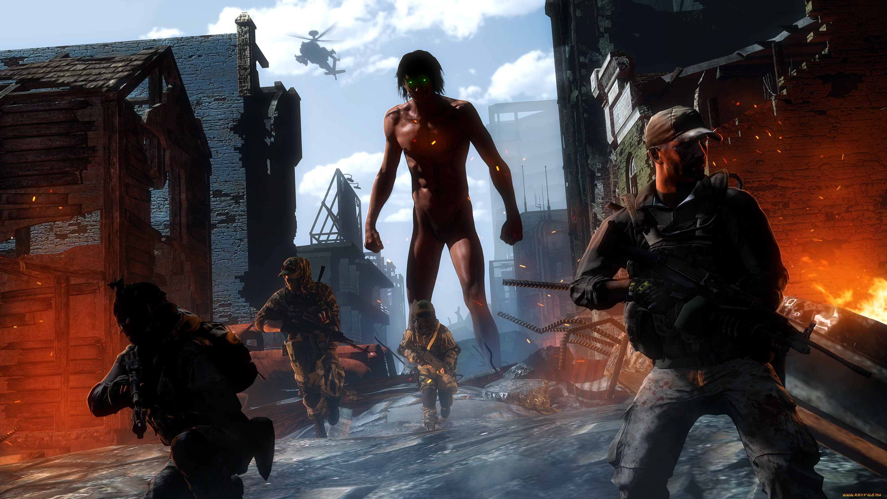 3д, графика, фантазия, , fantasy, titan, shingeki, no, kyojin, вторжение, гигантов, гигант, attack, on, деревня, разрушение, shifter, eren, yeager, солдаты