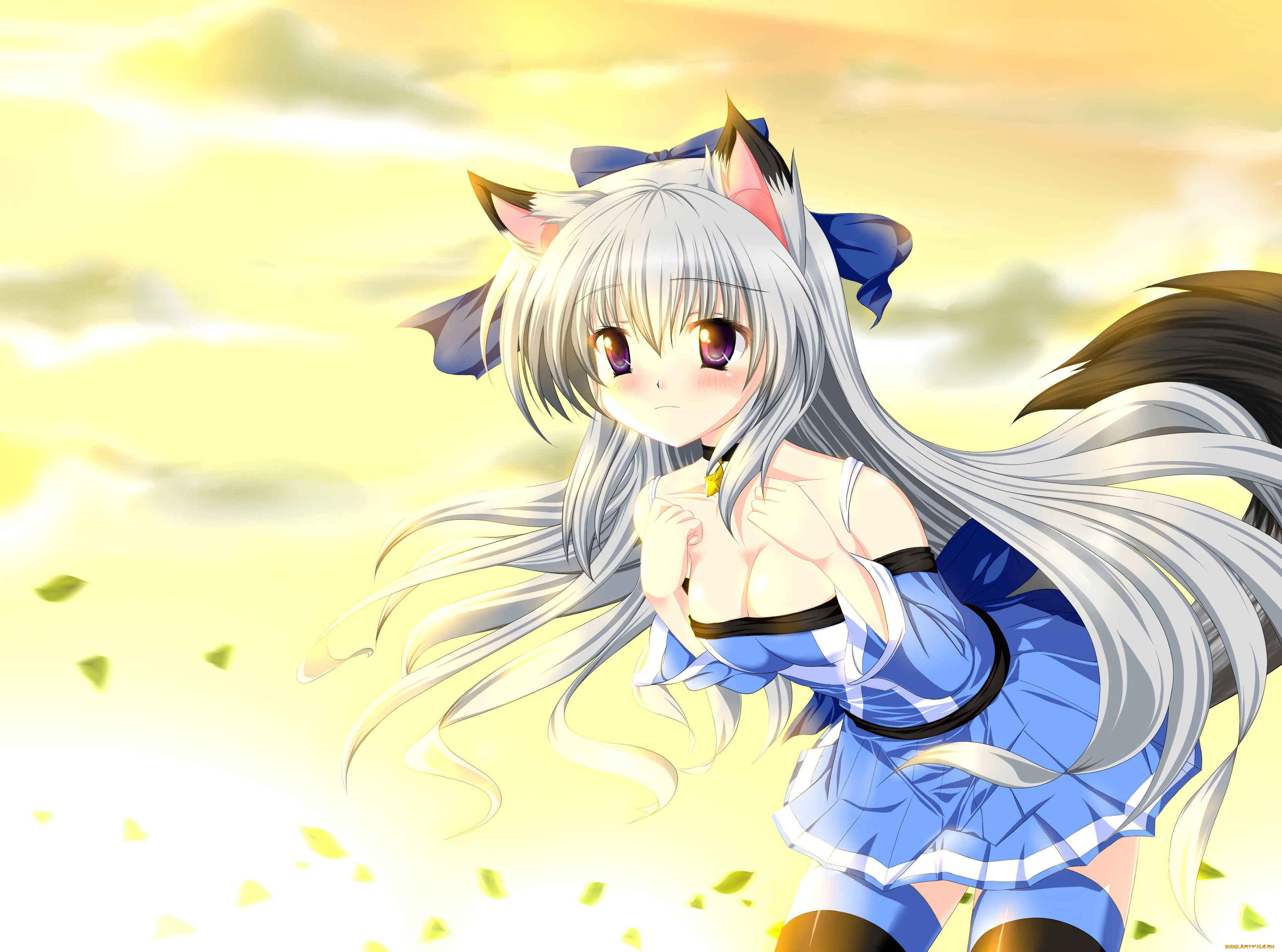 аниме, -animals, &, creatures, девушка, взгляд, волосы, хвост, ушки