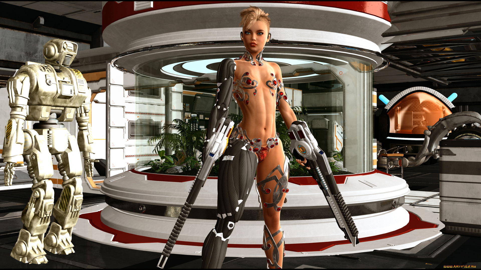 3д, графика, фантазия, , fantasy, взгляд, девушка, робот, оружие, фон