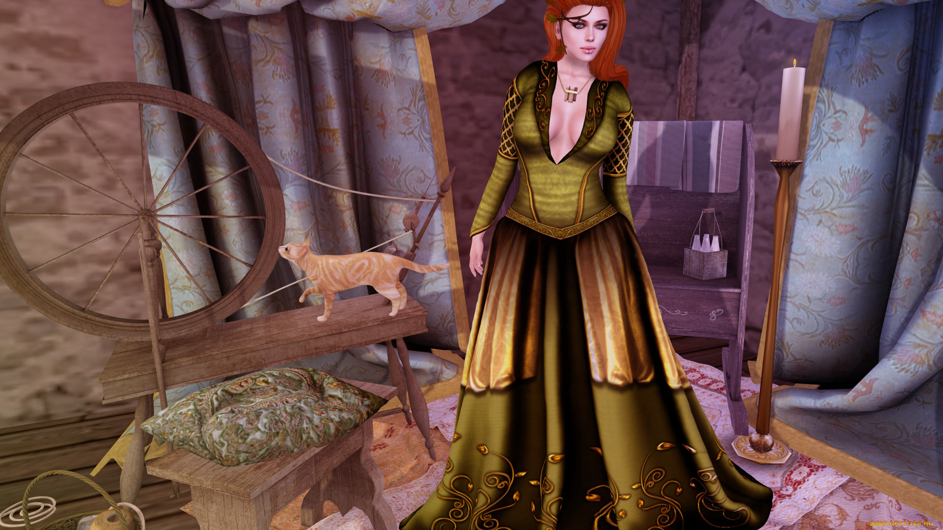 3д, графика, люди, , people, кот, прялка, фон, взгляд, девушка, шторы