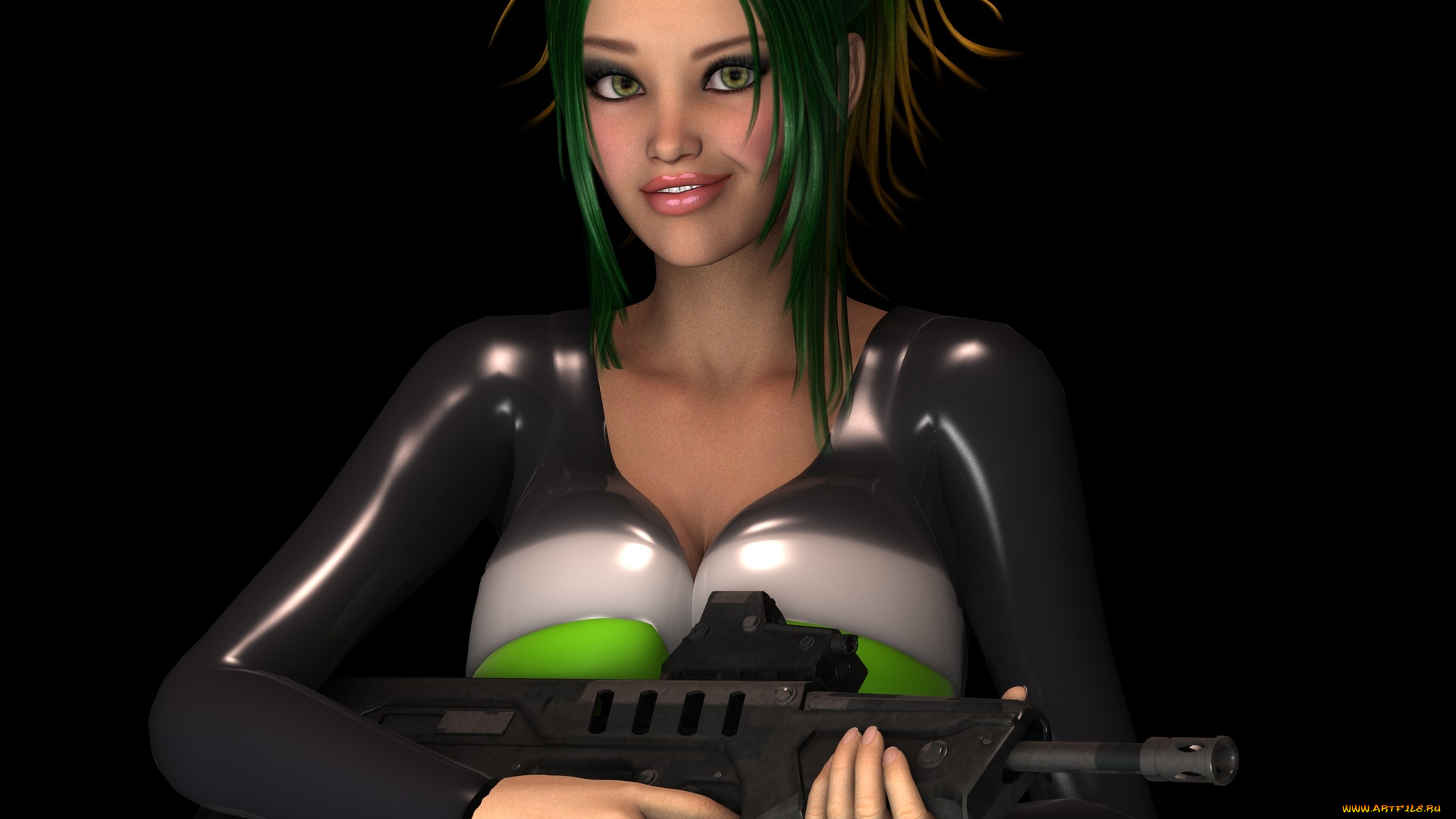 3д, графика, люди, , people, улыбка, взгляд, фон, оружие, девушка