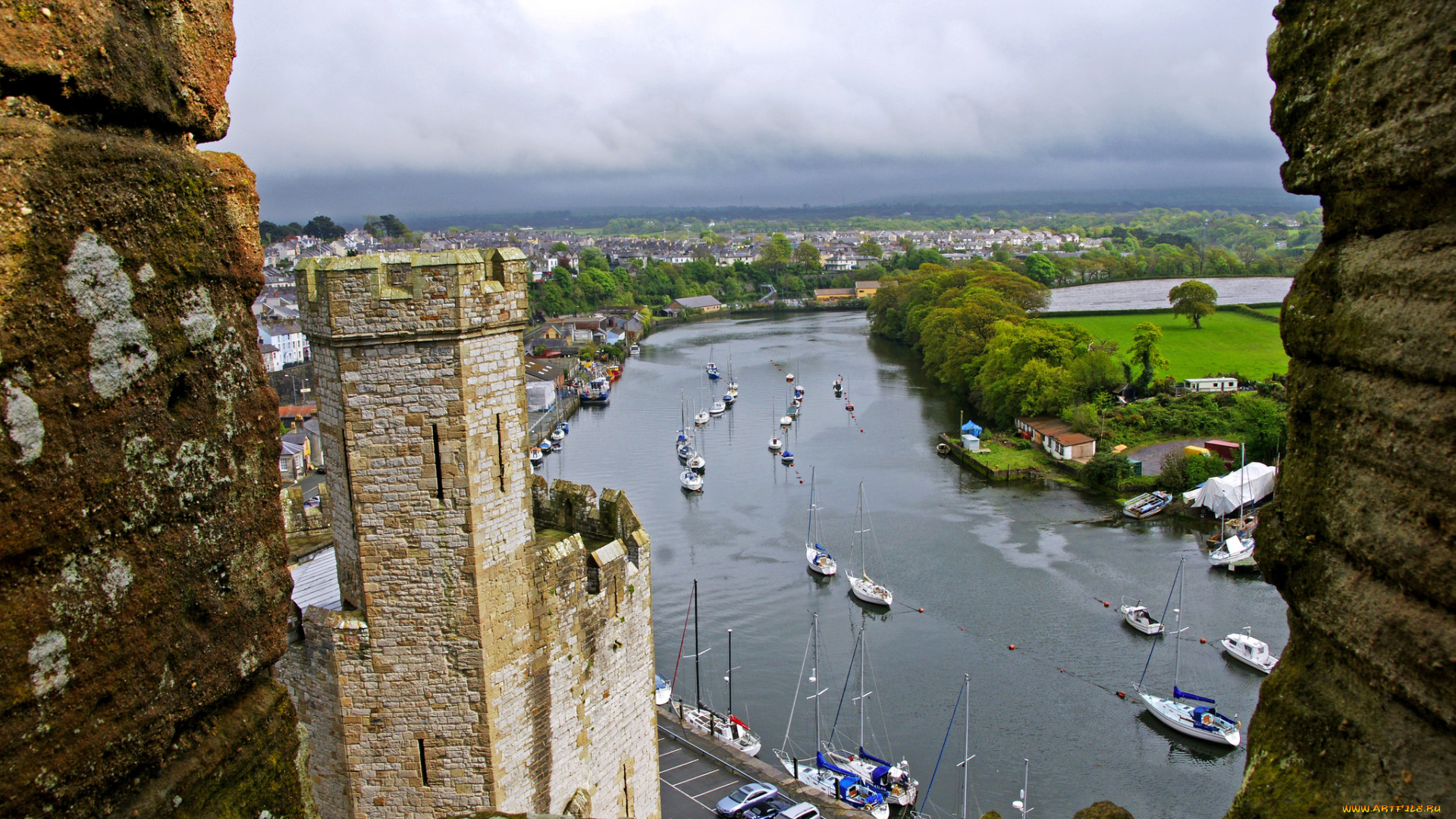 caernarfon, castle, , wales, города, замки, англии, река, замок, вид