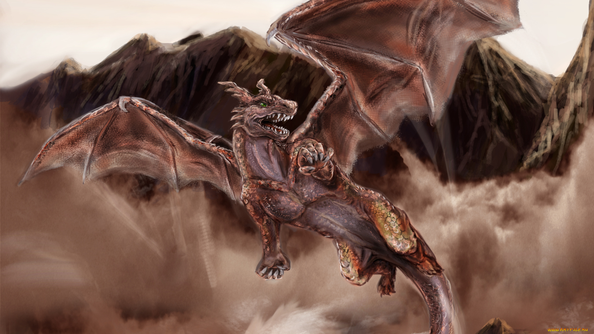 фэнтези, драконы, чудовище, дракон, крылья, горы, хвост