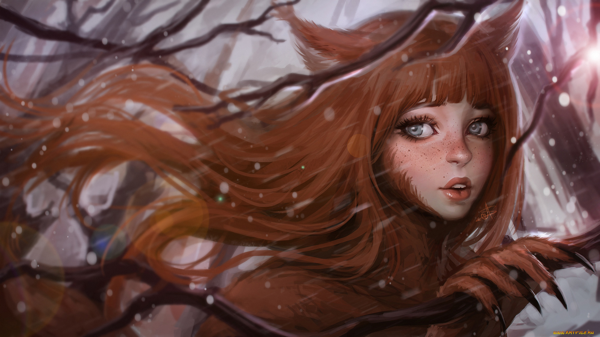 фэнтези, оборотни, когти, волосы, арт, зима, ветер, уши, лапа, взгляд, глаза, девушка, зверь, лицо