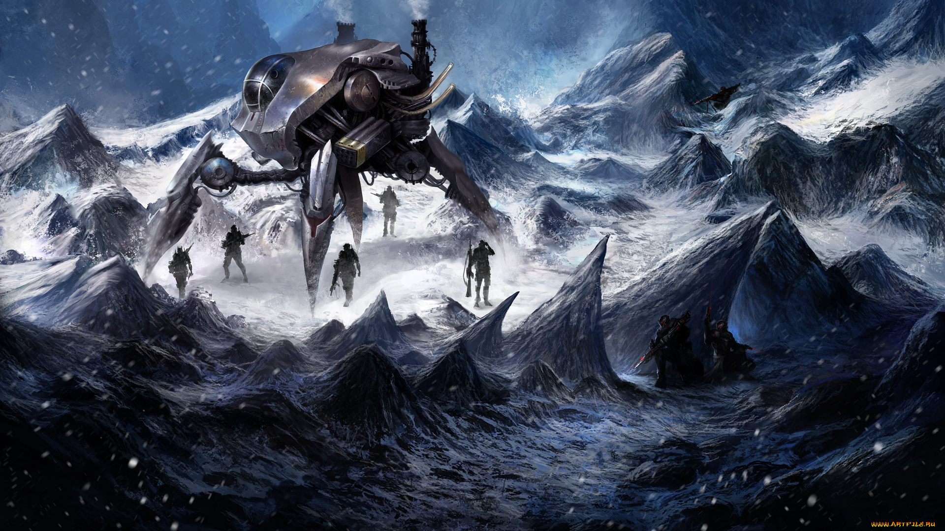 фэнтези, роботы, , киборги, , механизмы, иной, мир, горы, скалы, робот, механоид, солдаты, зима