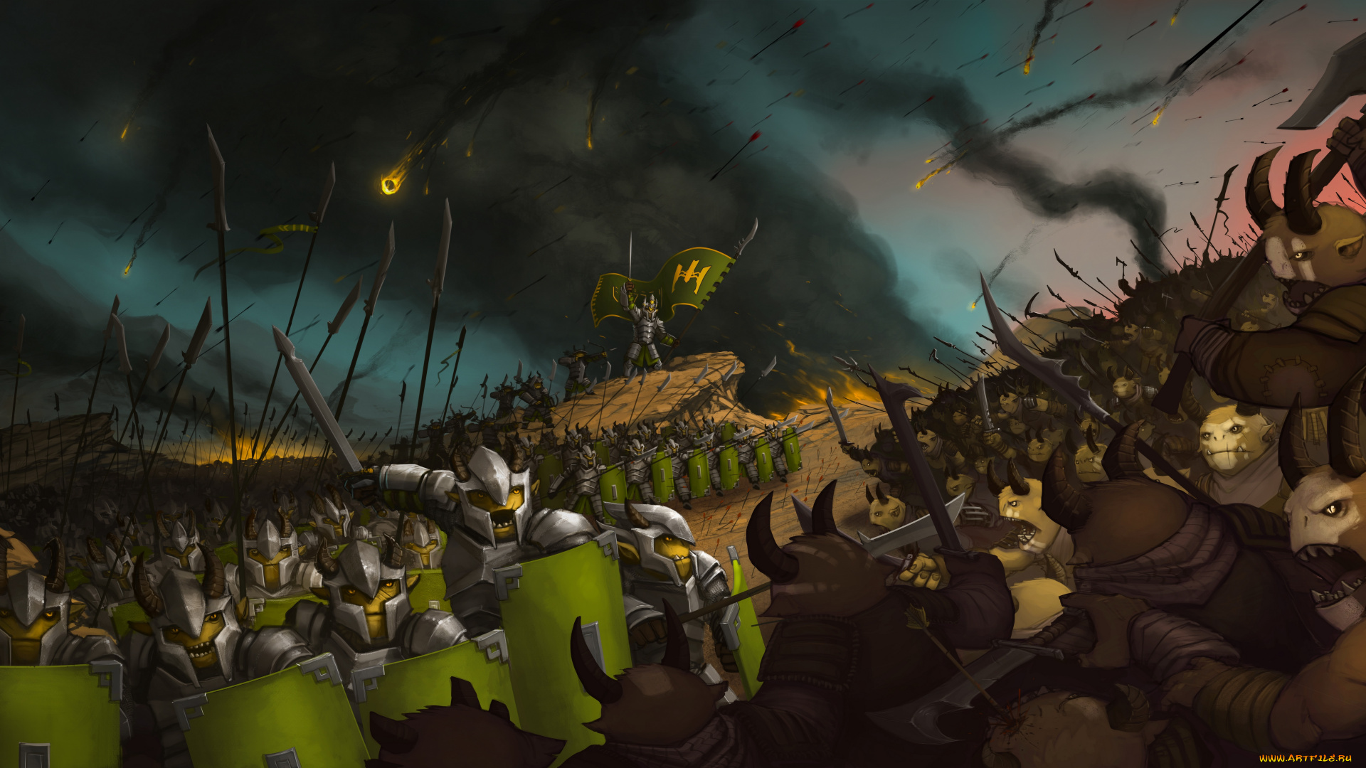 фэнтези, существа, атака, битва, поле, рыцари, воины