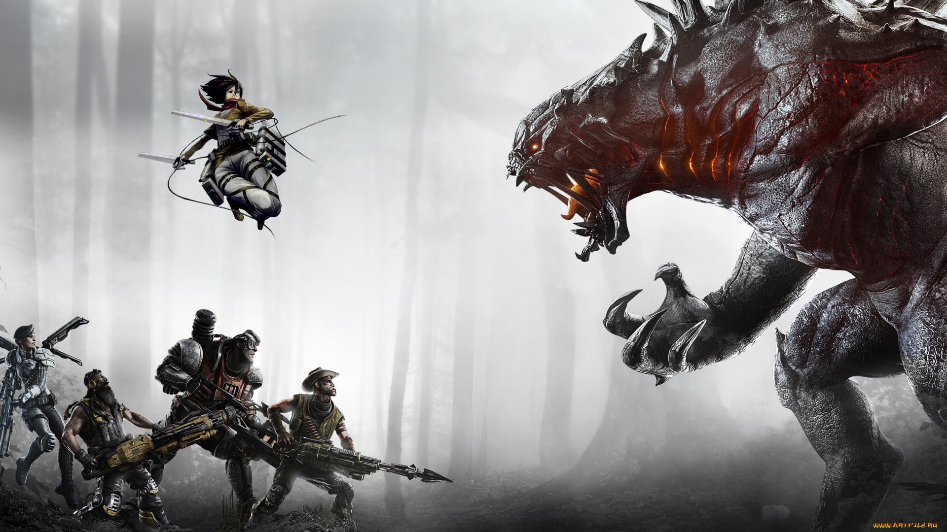 фэнтези, существа, разное, арт, dinocojv, монстр, микаса, коллаж, люди