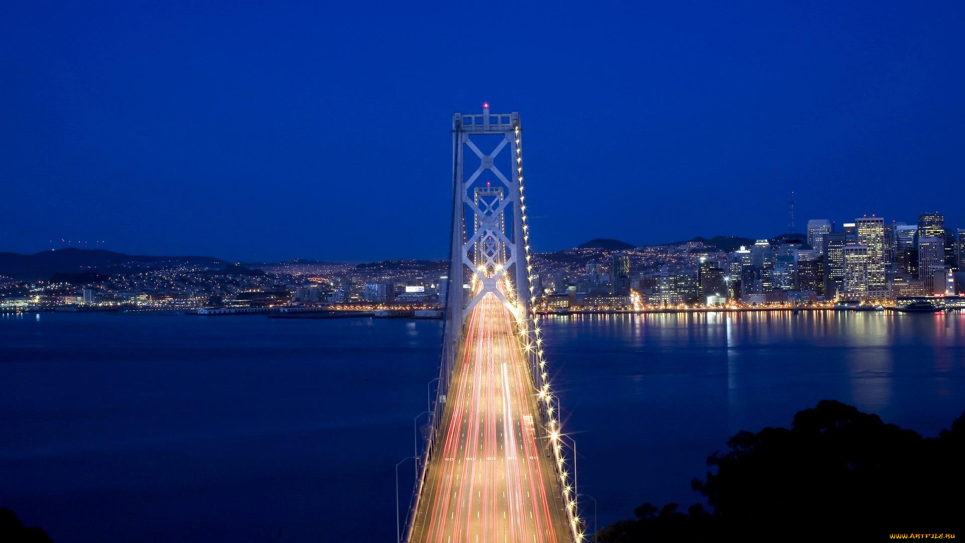 города, -, мосты, мост, огни, движение, город, вечер