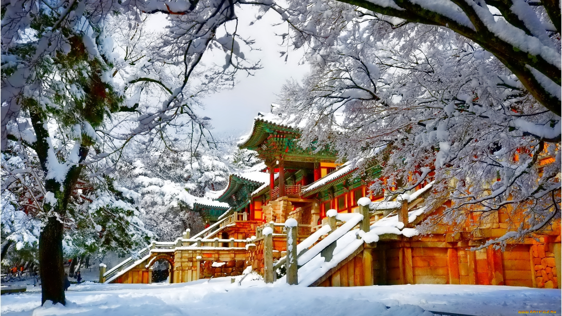 города, -, здания, , дома, зима, азия, деревья, пагода, снег