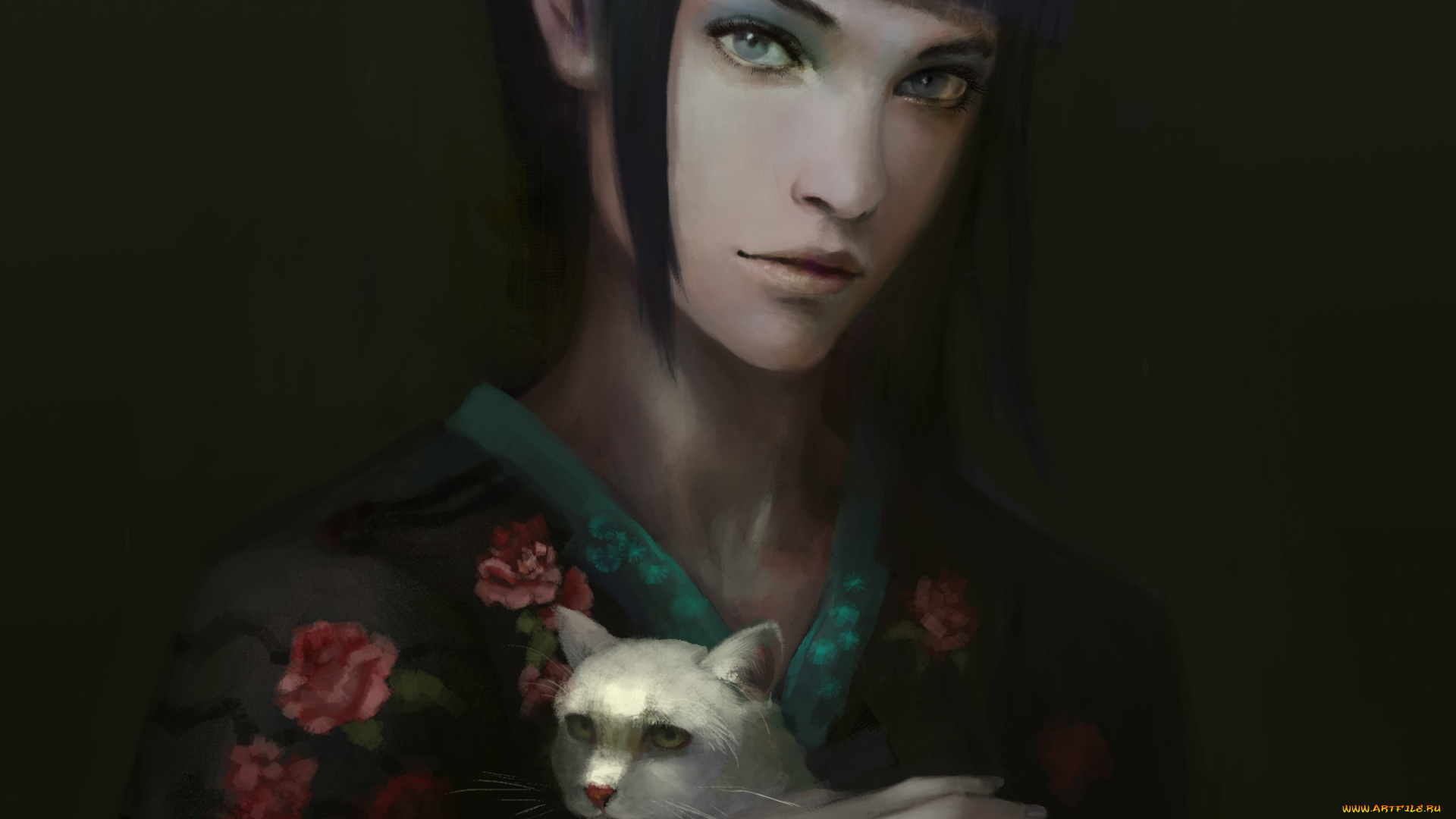 рисованное, люди, мрачно, фон, кимоно, кошка, девушка, рука, белая