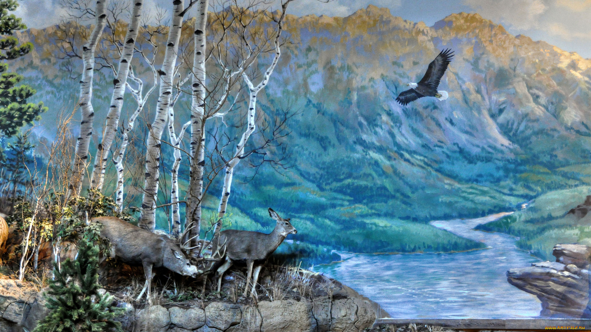 рисованное, животные, птица, река, олень, горы, природа, пейзаж