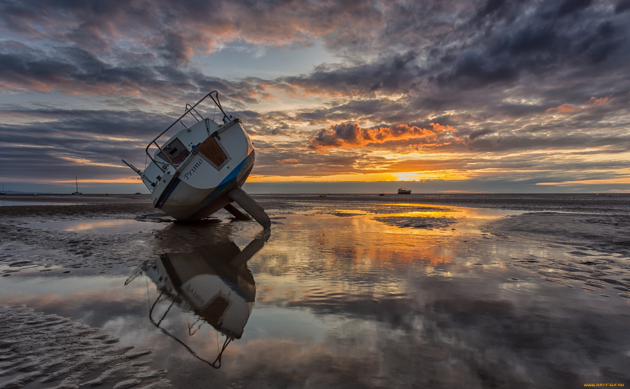 корабли, Яхты, закат, отлив, яхта