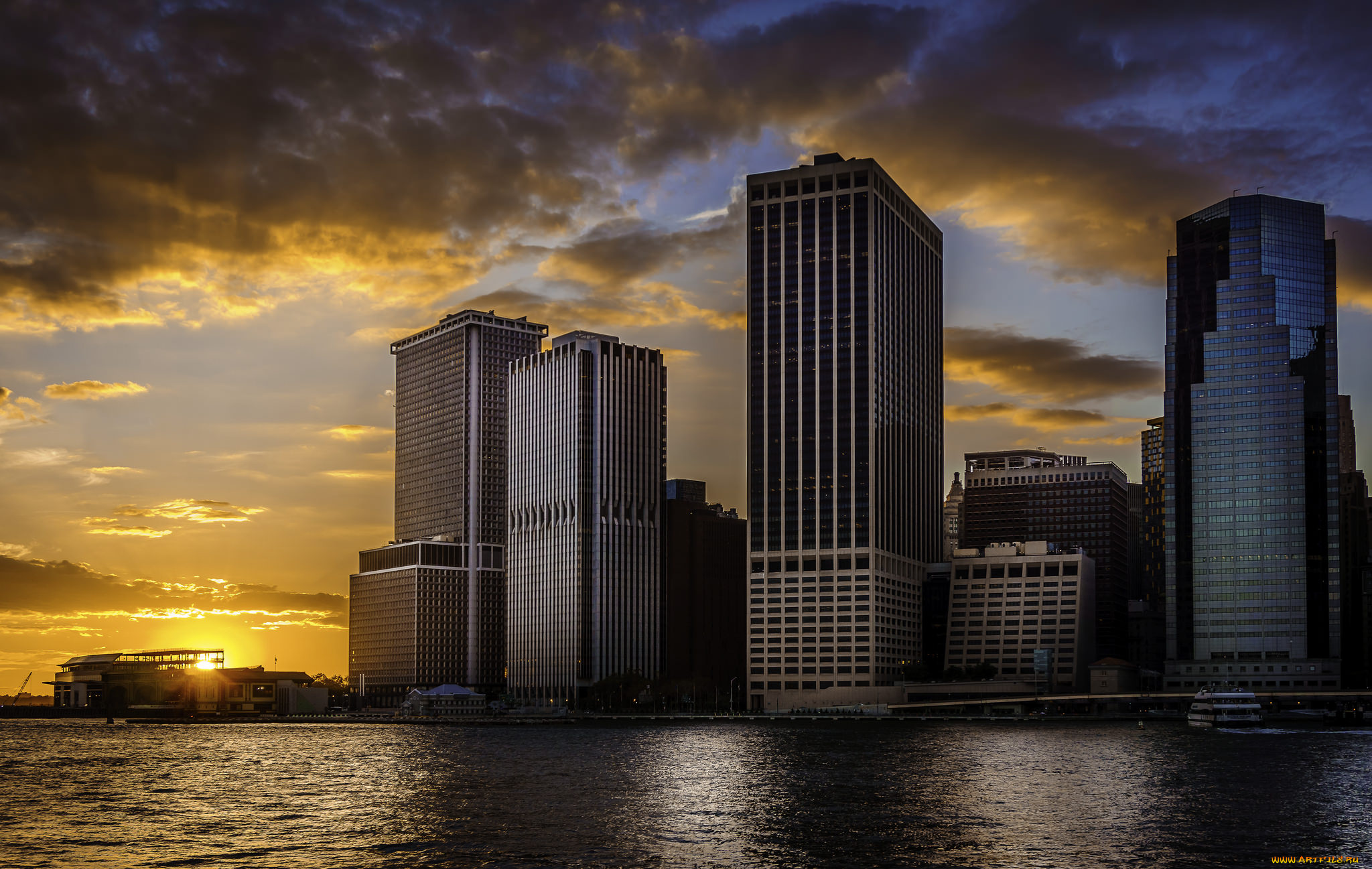 города, нью-йорк, , сша, вечер, закат, небоскребы