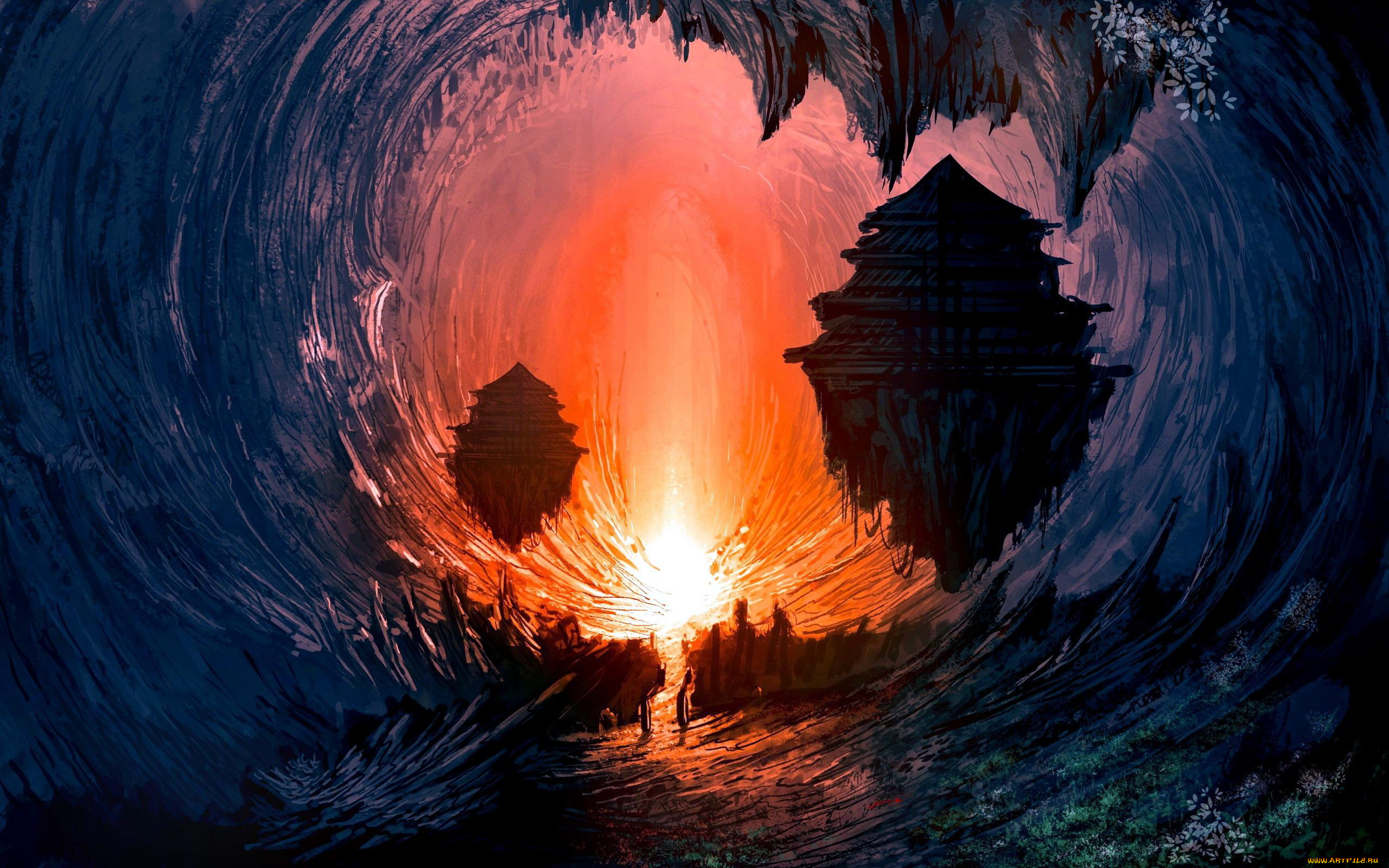 фэнтези, магия, пещера, свет, острова, дома