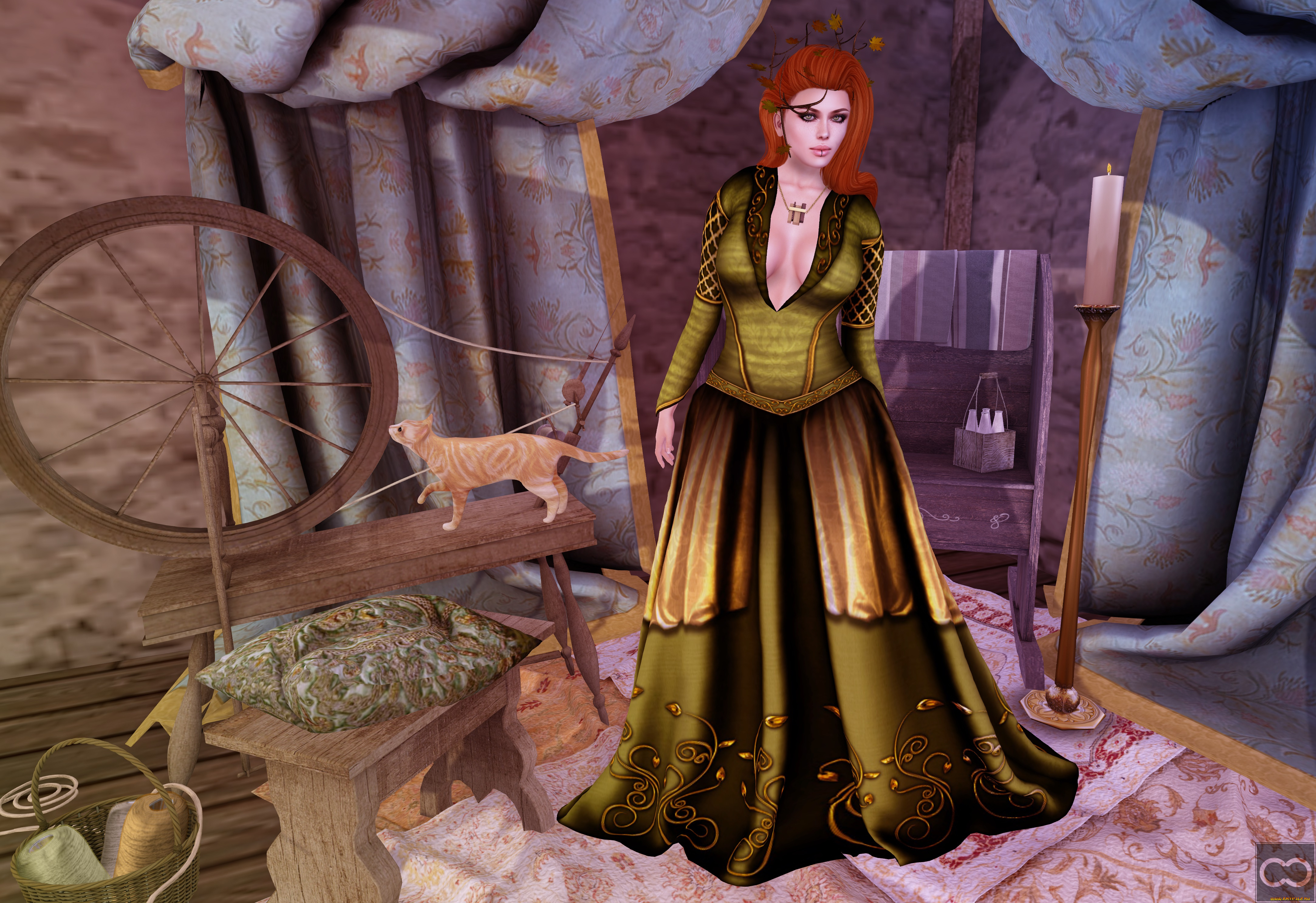 3д, графика, люди, , people, кот, прялка, фон, взгляд, девушка, шторы