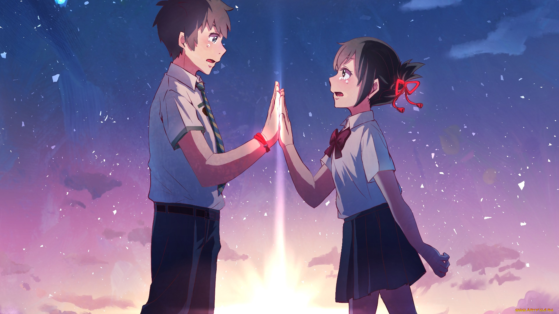 аниме, kimi, no, na, wa, девушка, парень, фон, взгляд