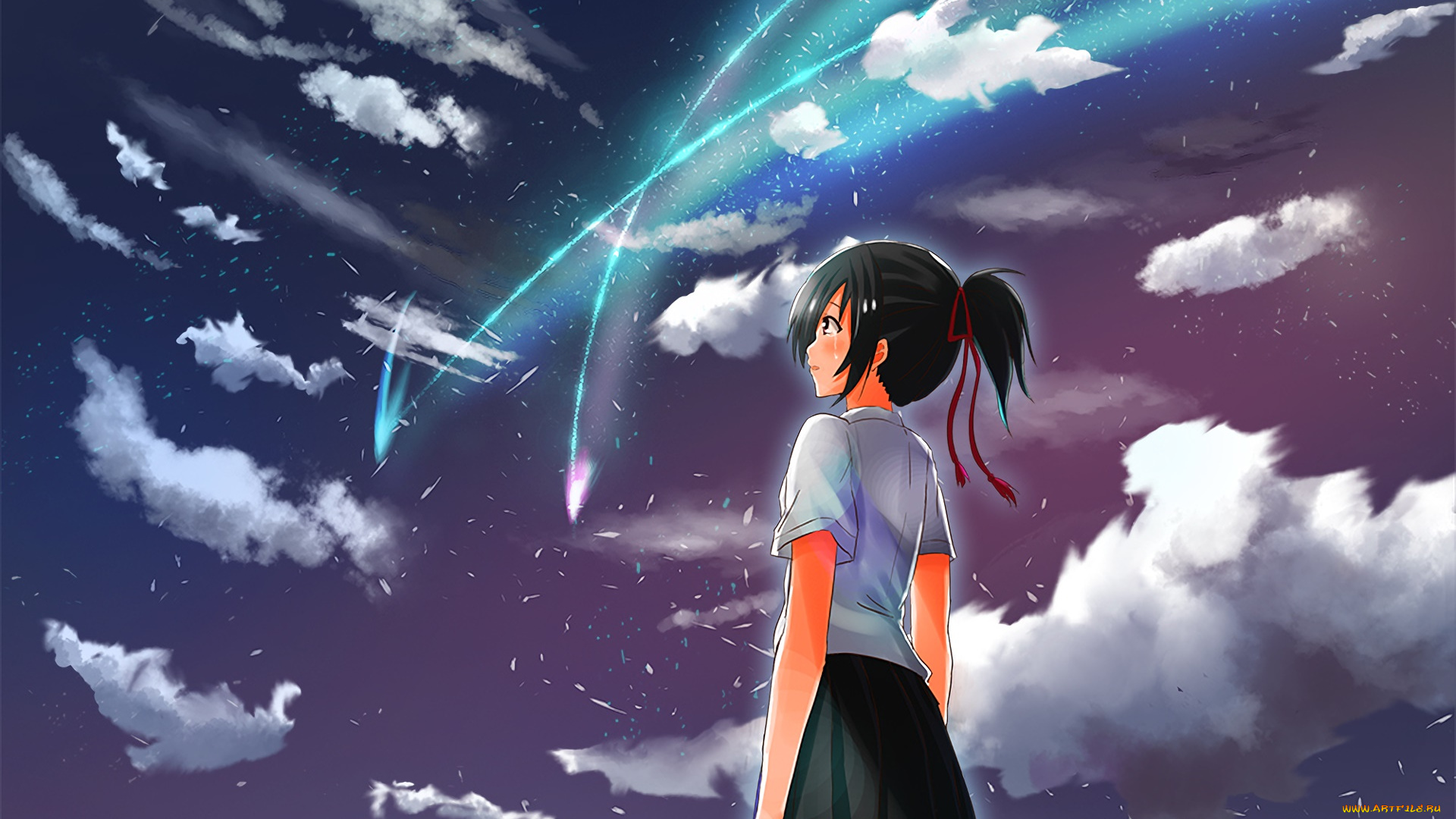 аниме, kimi, no, na, wa, фон, взгляд, девушка