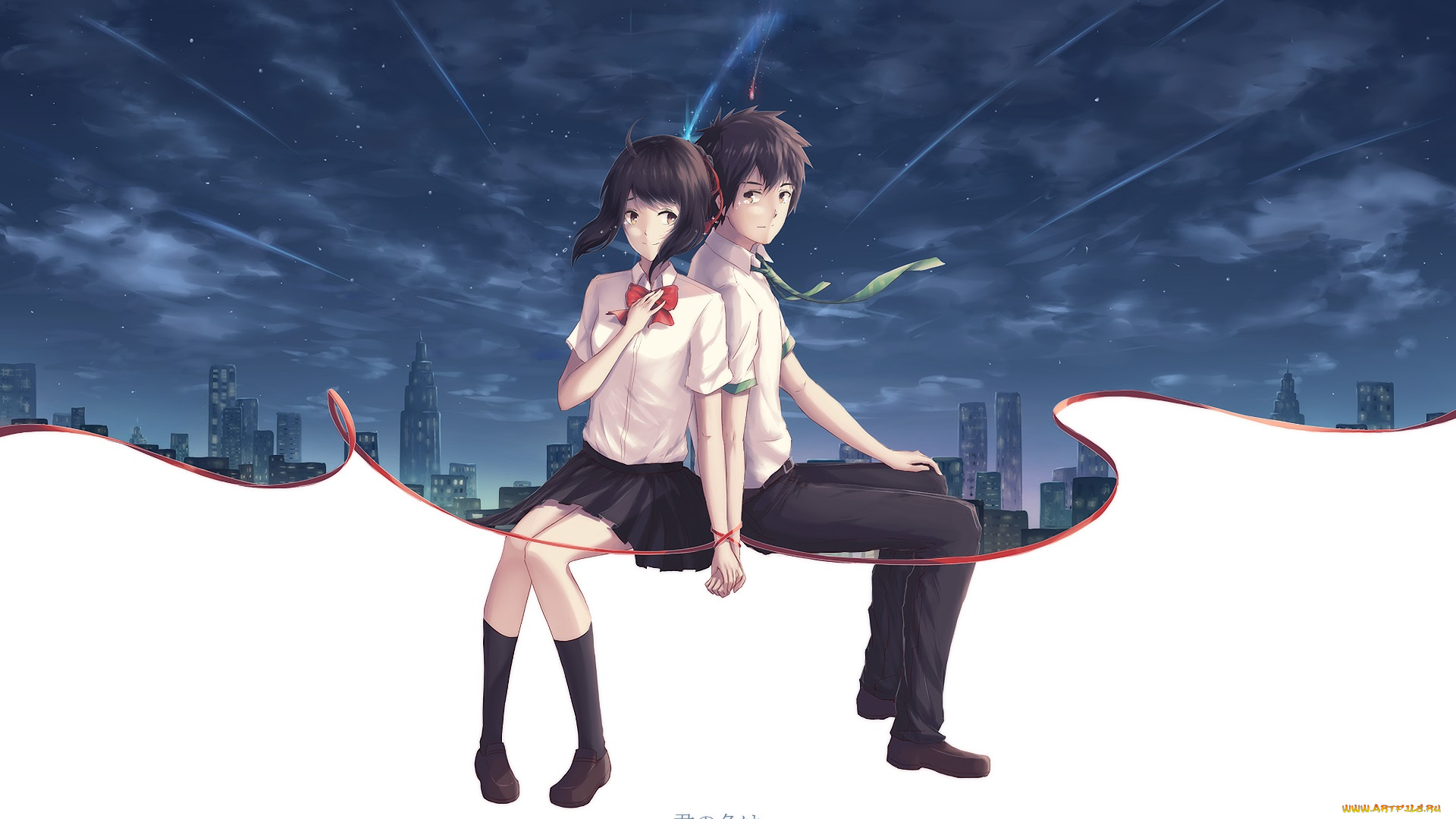 аниме, kimi, no, na, wa, фон, взгляд, девушка, парень