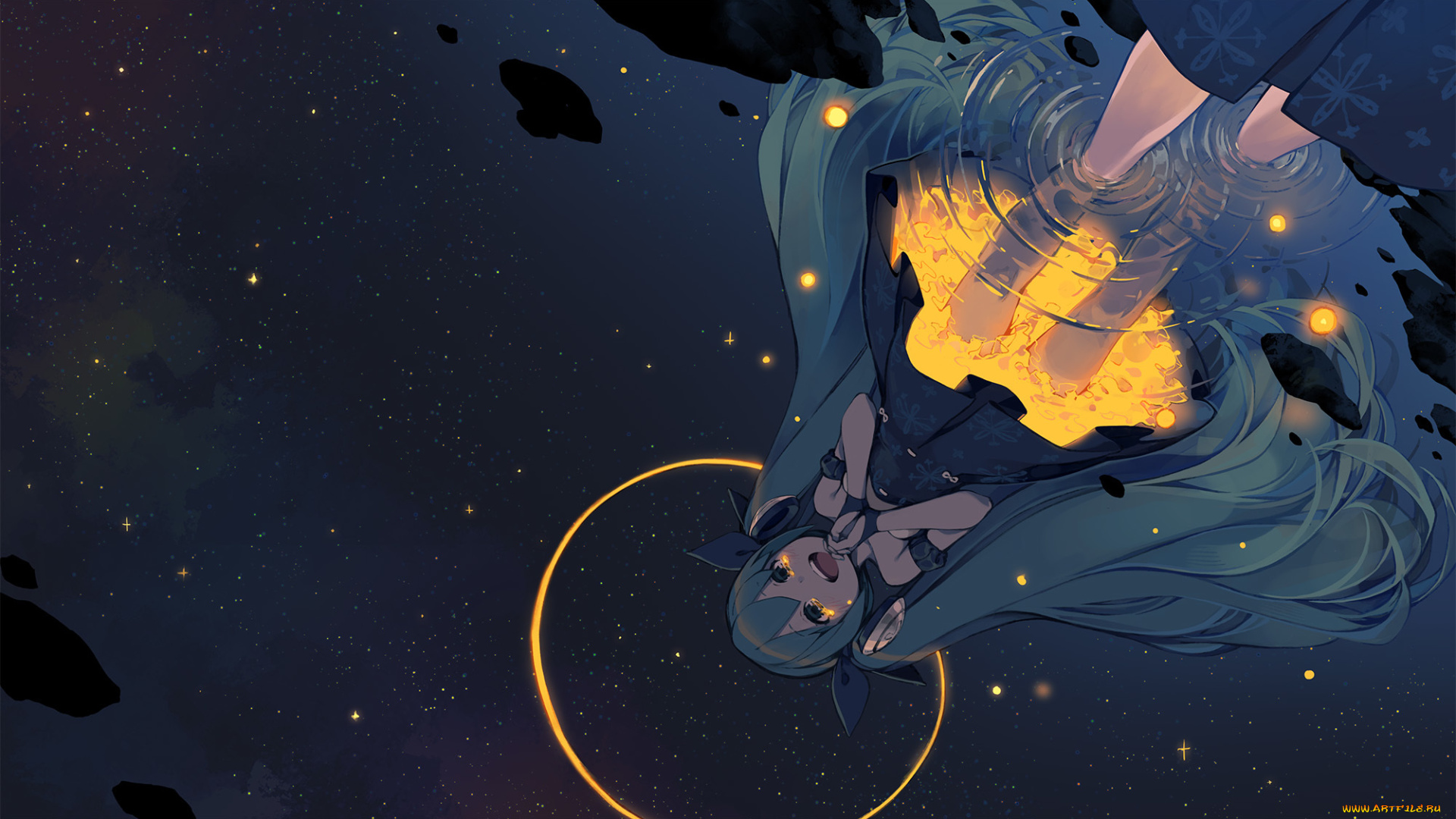 аниме, vocaloid, звезды, ночь, девушка, вода, платье, слезы, арт, отражение, hatsune, miku