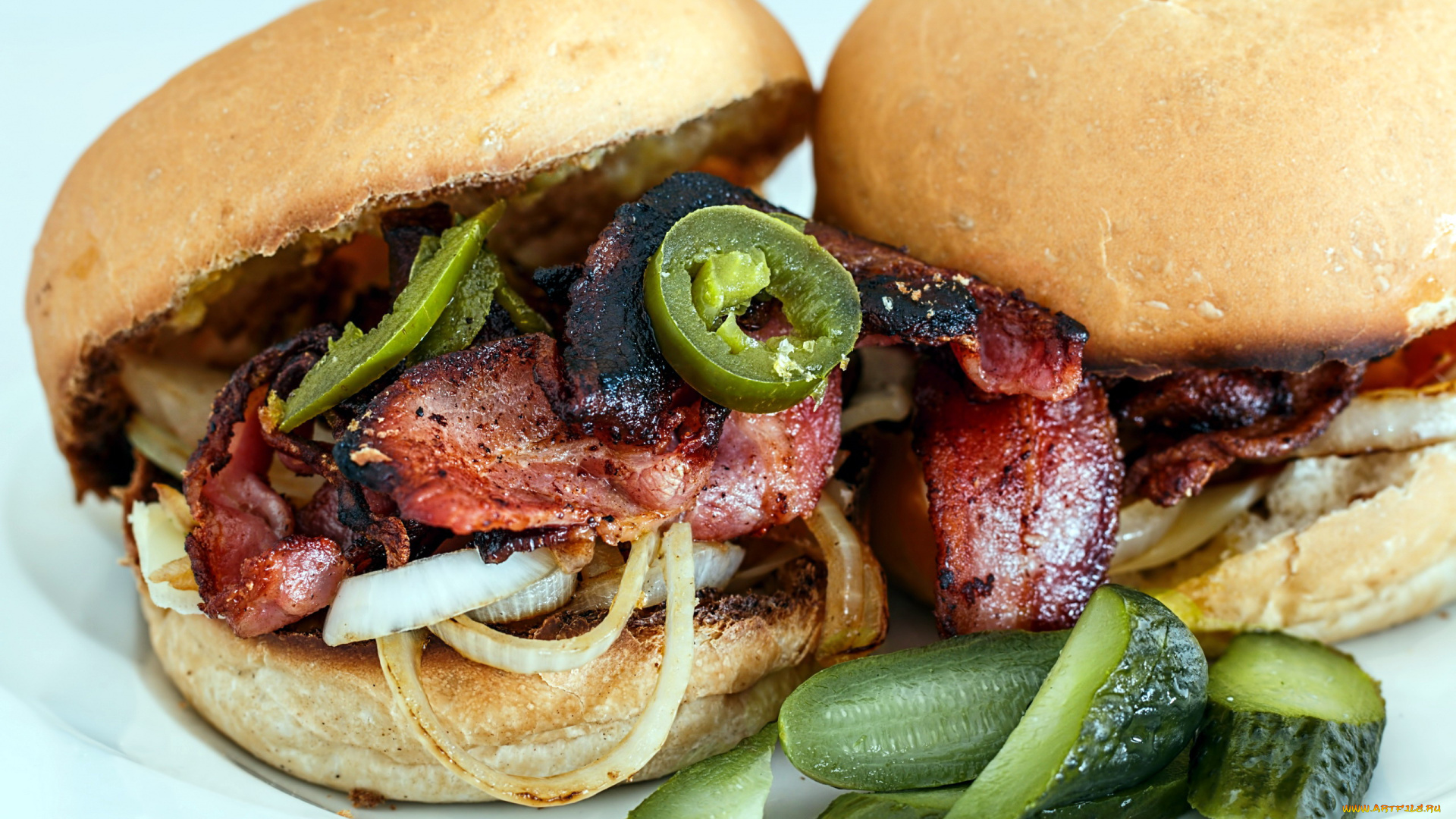 еда, бутерброды, , гамбургеры, , канапе, булочки, гамбургеры, бекон, лук, огурцы