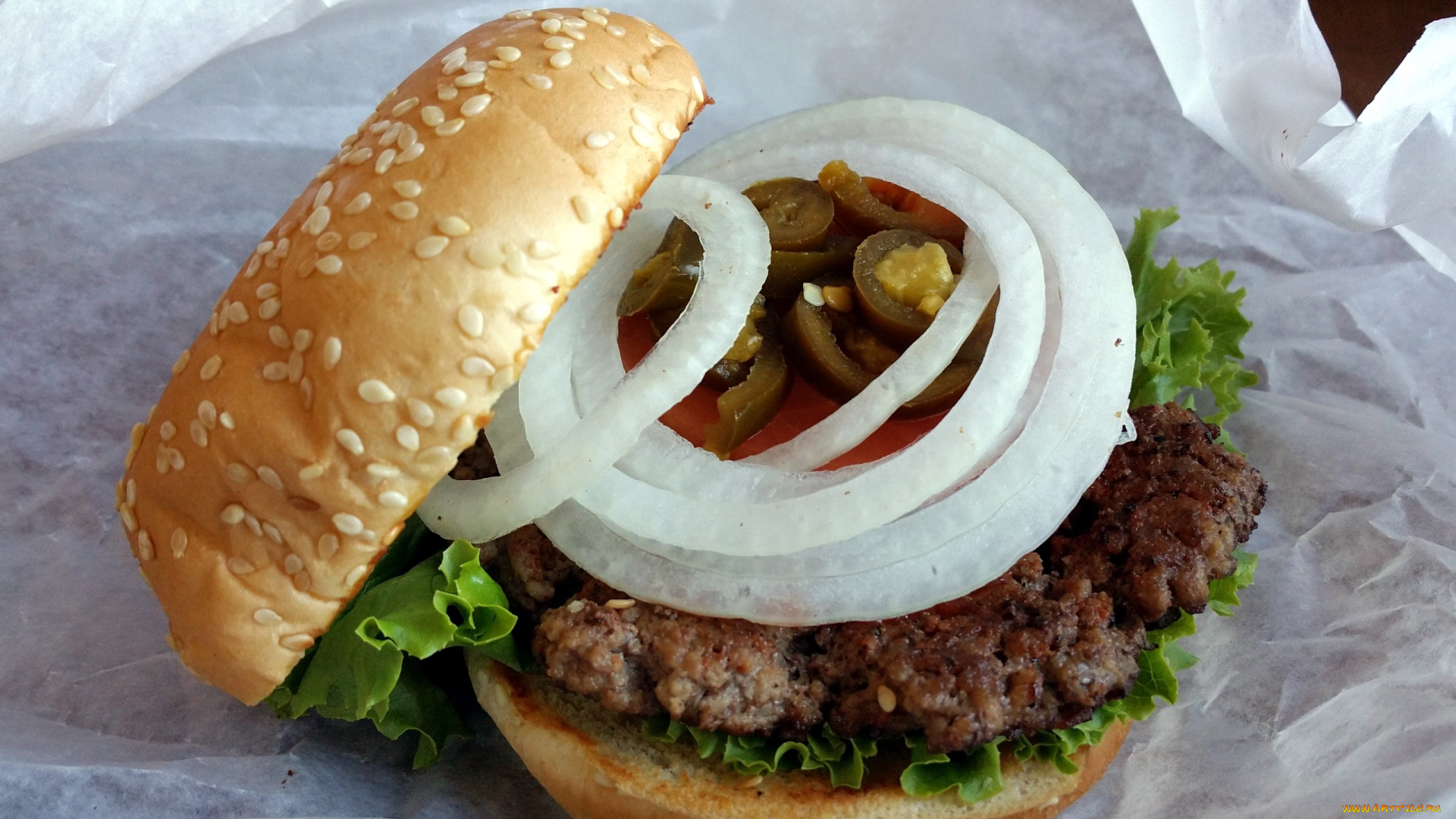 еда, бутерброды, , гамбургеры, , канапе, котлета, булочка, перец, гамбургер, лук