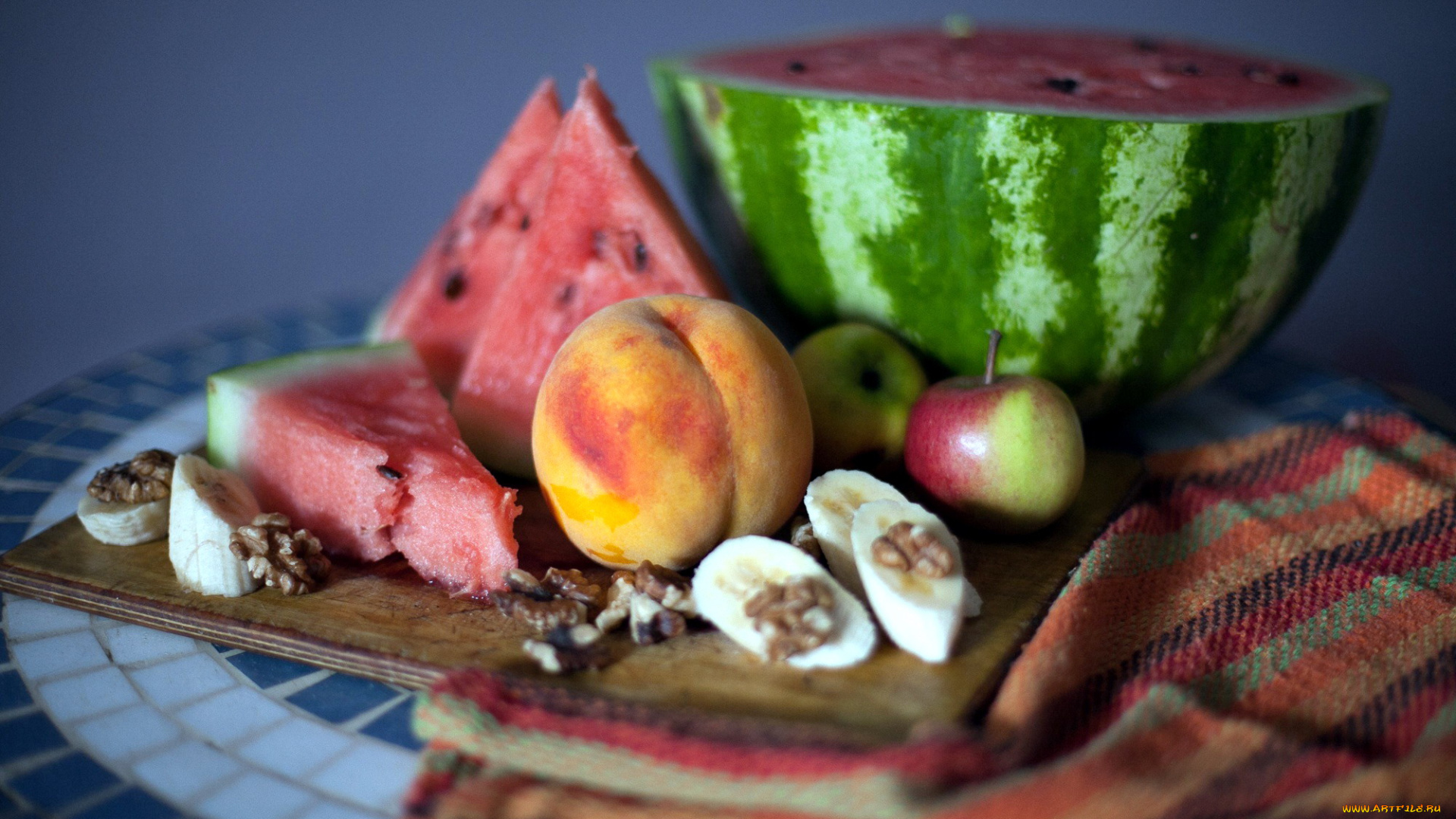 еда, фрукты, , ягоды, яблоки, орехи, персик, банан, арбуз
