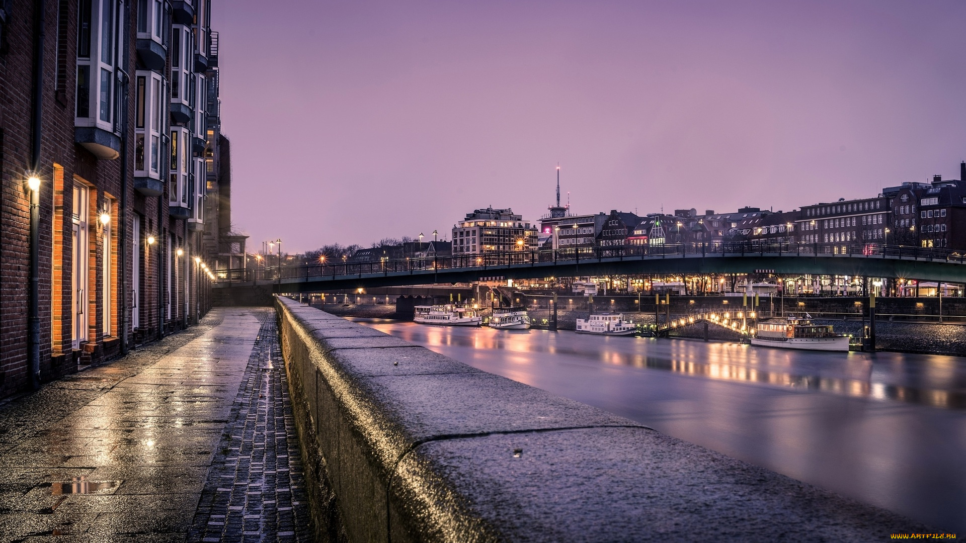 города, -, улицы, , площади, , набережные, улица, огни, дома, бремен, набережная, река